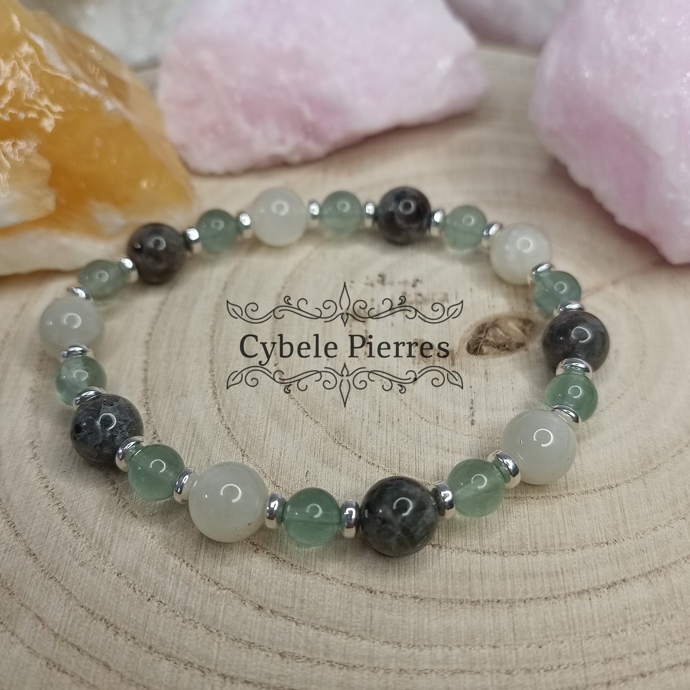 Bracelet Sagesse Ancestrale - Fluorine bleue, Pierre de Lune Blanche et Yooperlite (6 et 8mm) - 18cm - Cybele Pierres