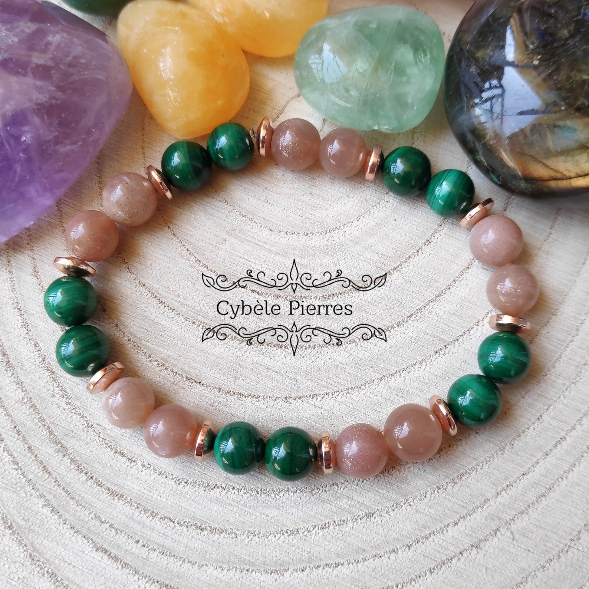 Bracelet Sagesse et passion - Malachite et Pierre de Lune Pêche (8mm) - 18cm - Cybele Pierres