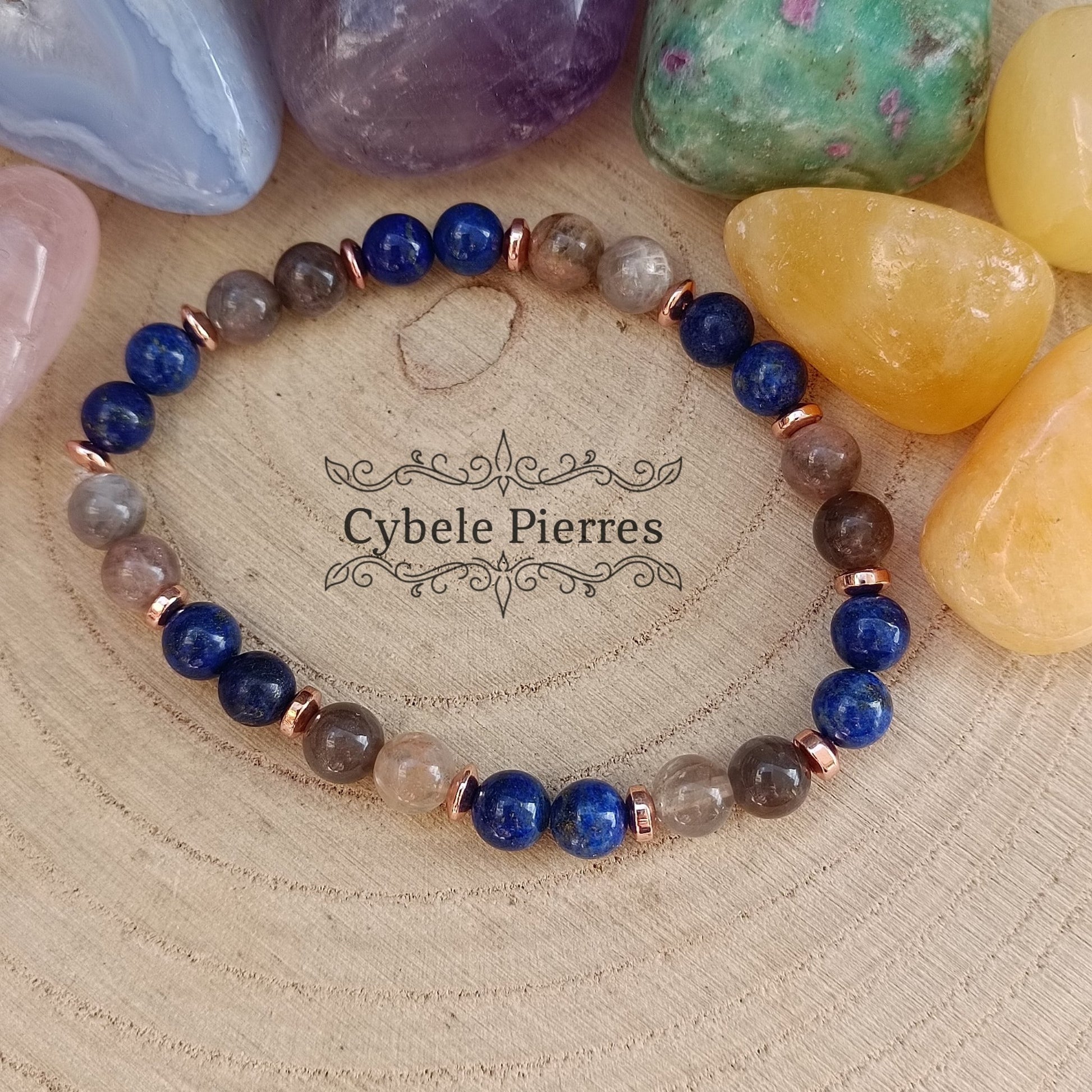 Bracelet Sagesse - Lapis - Lazuli et Pierre de lune (6mm) - 18cm - Cybele Pierres