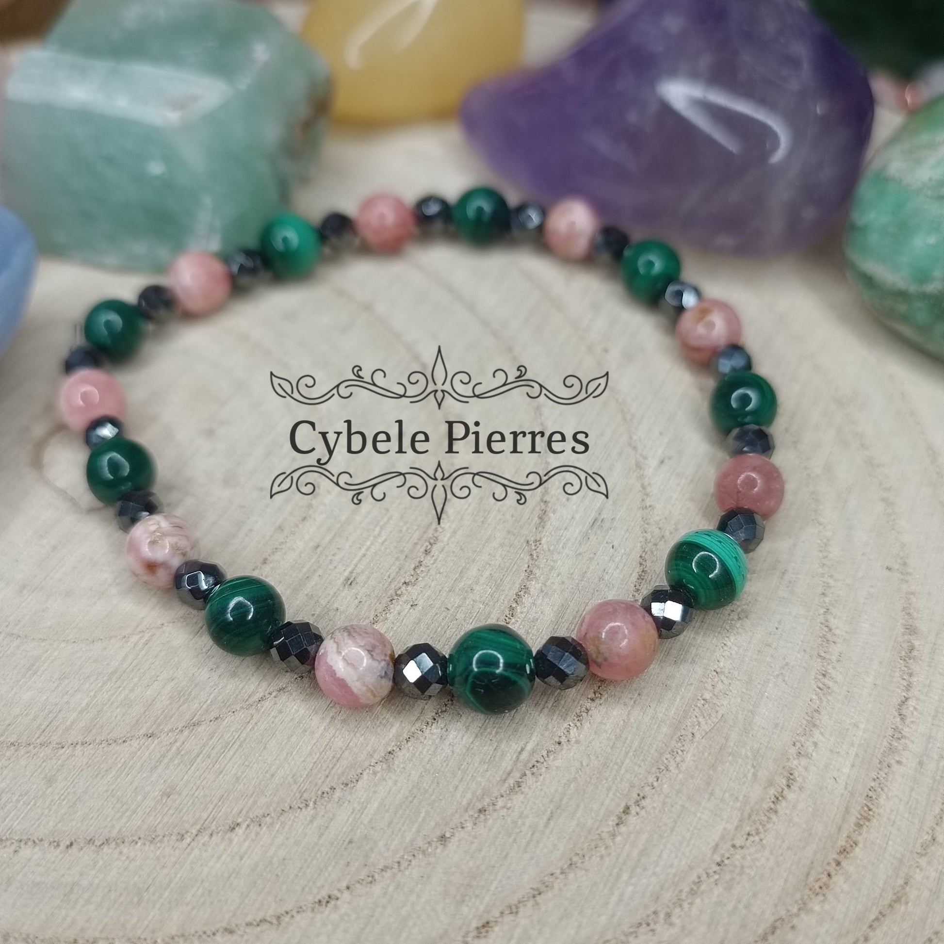 Bracelet "Saut dans l'inconnu" - Malachite et Rhodochrosite (6mm) - 18cm - Cybele Pierres