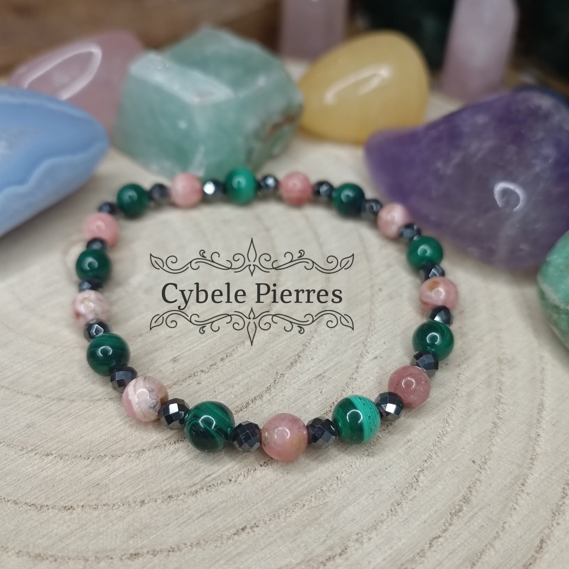 Bracelet "Saut dans l'inconnu" - Malachite et Rhodochrosite (6mm) - 18cm - Cybele Pierres