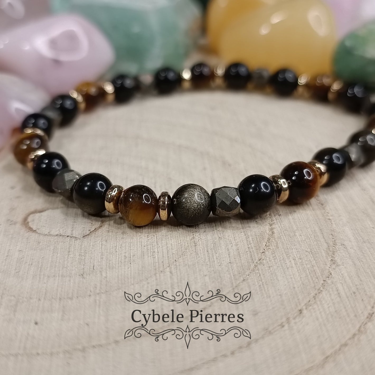 Bracelet Secret bien gardé - Pyrite carré facetté, Obsidienne dorée et Oeil de tigre (4 et 6mm) - 18cm - Cybele Pierres