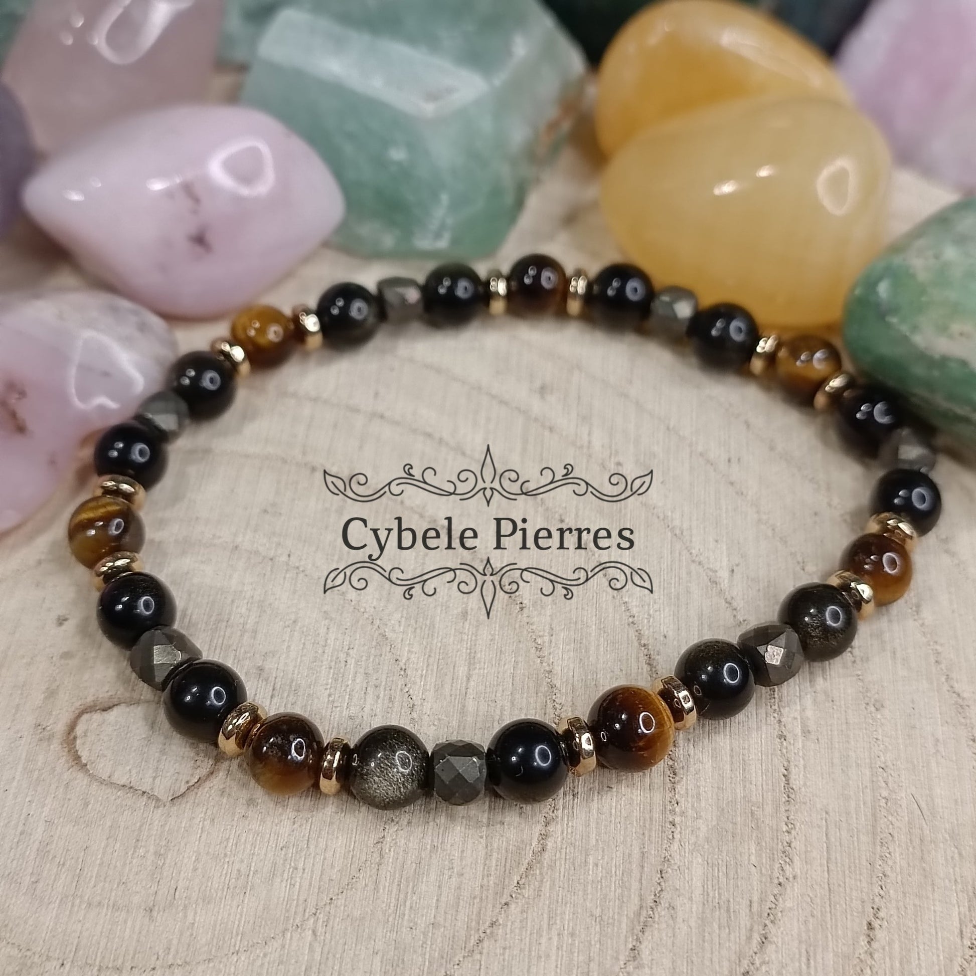 Bracelet Secret bien gardé - Pyrite carré facetté, Obsidienne dorée et Oeil de tigre (4 et 6mm) - 18cm - Cybele Pierres