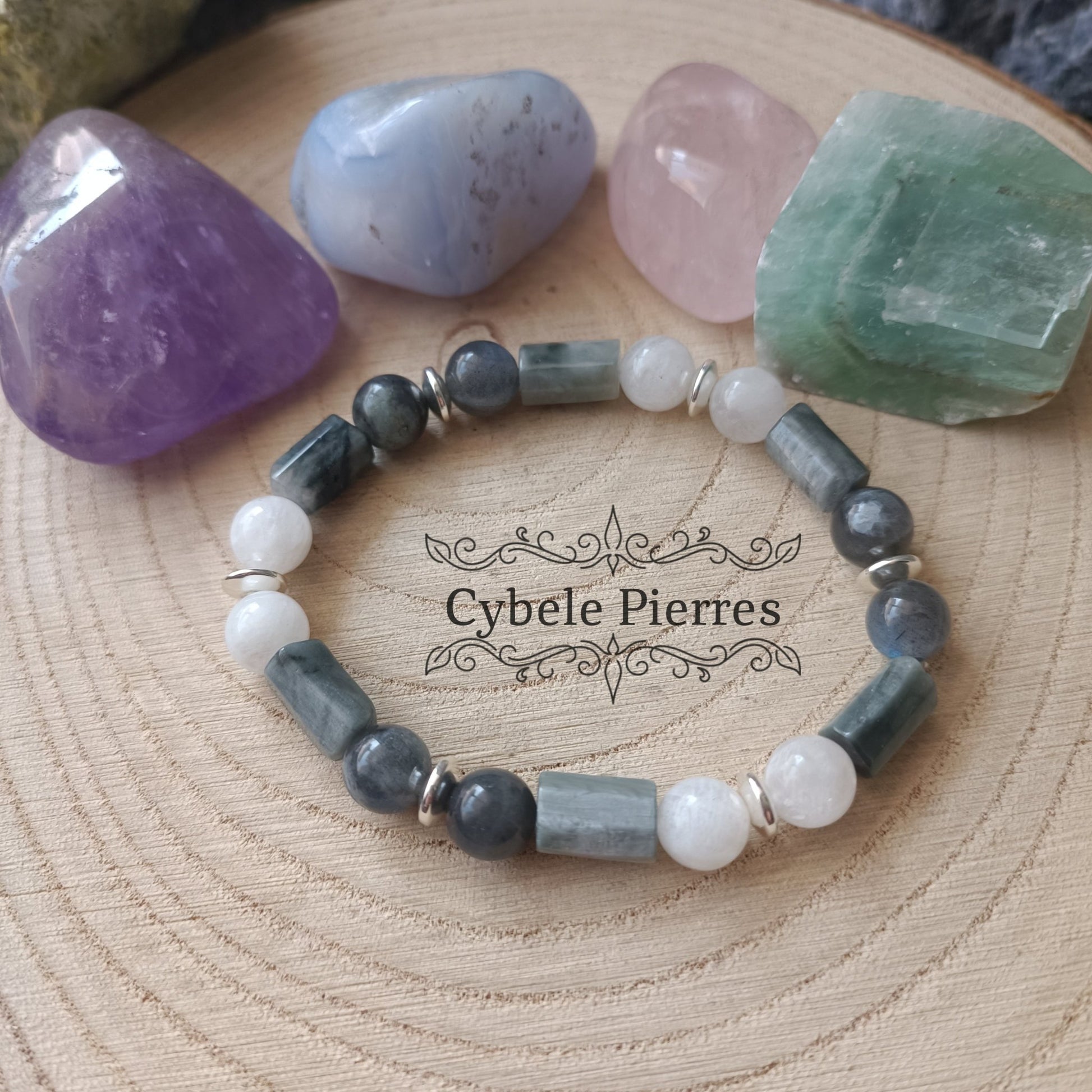 Bracelet Secret - Labradorite, oeil de faucon et Péristérite (8mm) - 18cm - Cybele Pierres