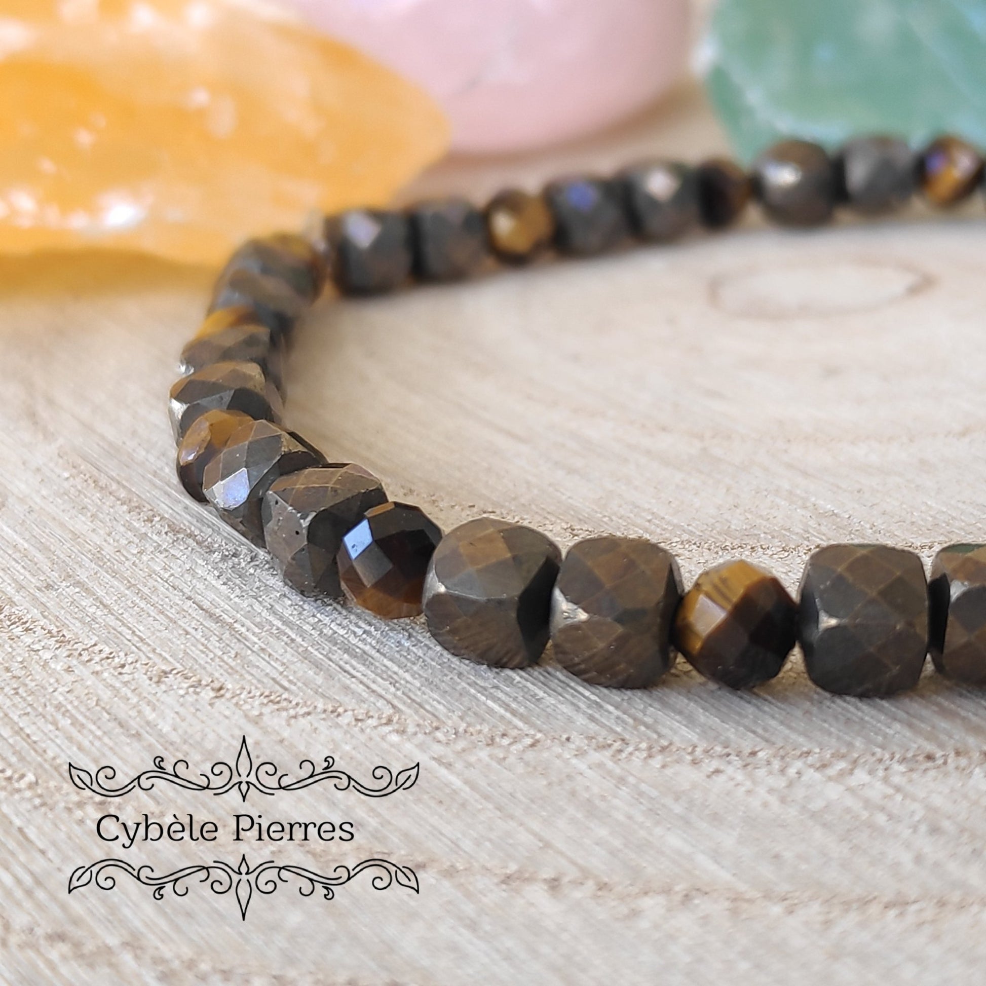 Bracelet Secret mystérieux - Pyrite et Oeil de tigre facetté (4mm) - 17cm - Cybele Pierres