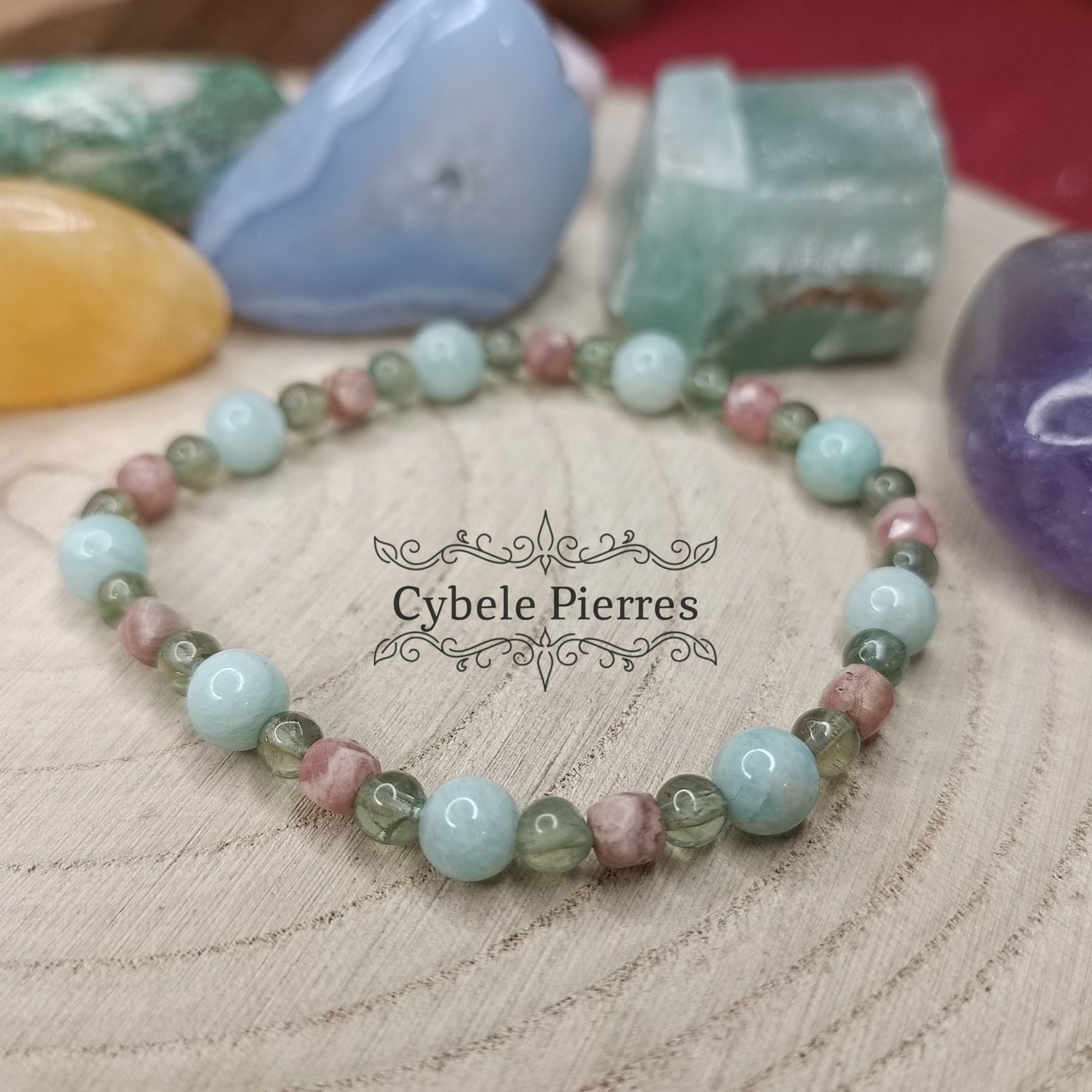Bracelet Sentimental - Amazonite, Rhodochrosite et Apatite verte (4 et 6mm) - 17cm - Cybele Pierres