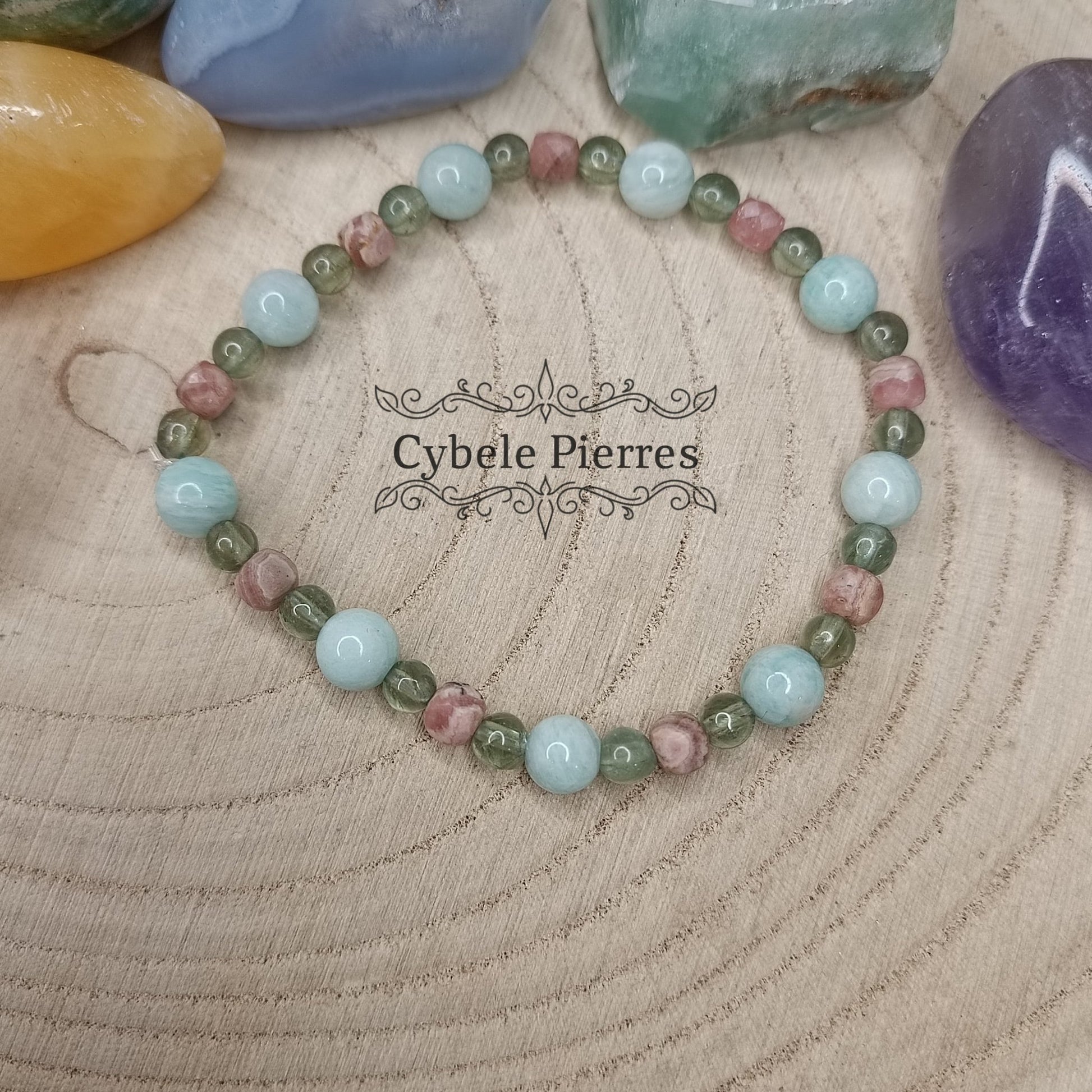 Bracelet Sentimental - Amazonite, Rhodochrosite et Apatite verte (4 et 6mm) - 17cm - Cybele Pierres
