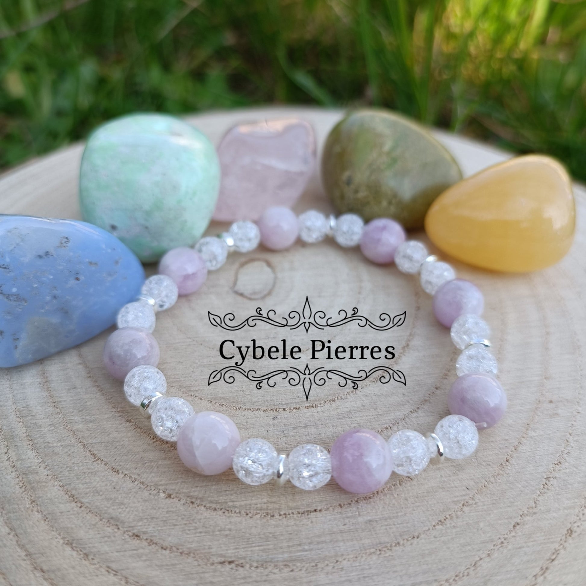Bracelet Sérénité et Réconfort - Kunzite et Cristal de Roche craquelé (6 et 8mm) - 17cm - Cybele Pierres