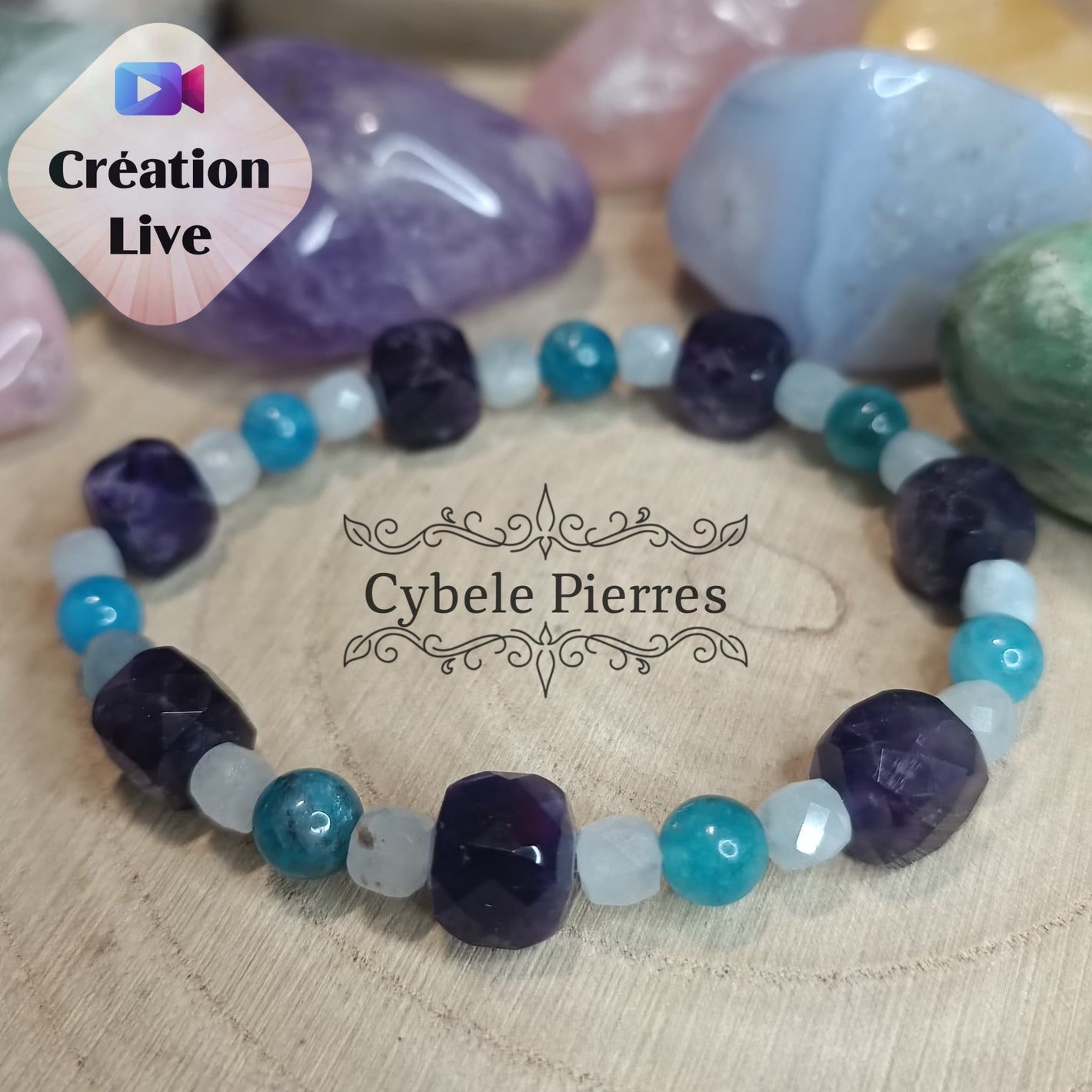 Bracelet Sirène - Aigue - marine, Améthyste carré facetté et Apatite (6 et 8mm) - 16cm - Cybele Pierres