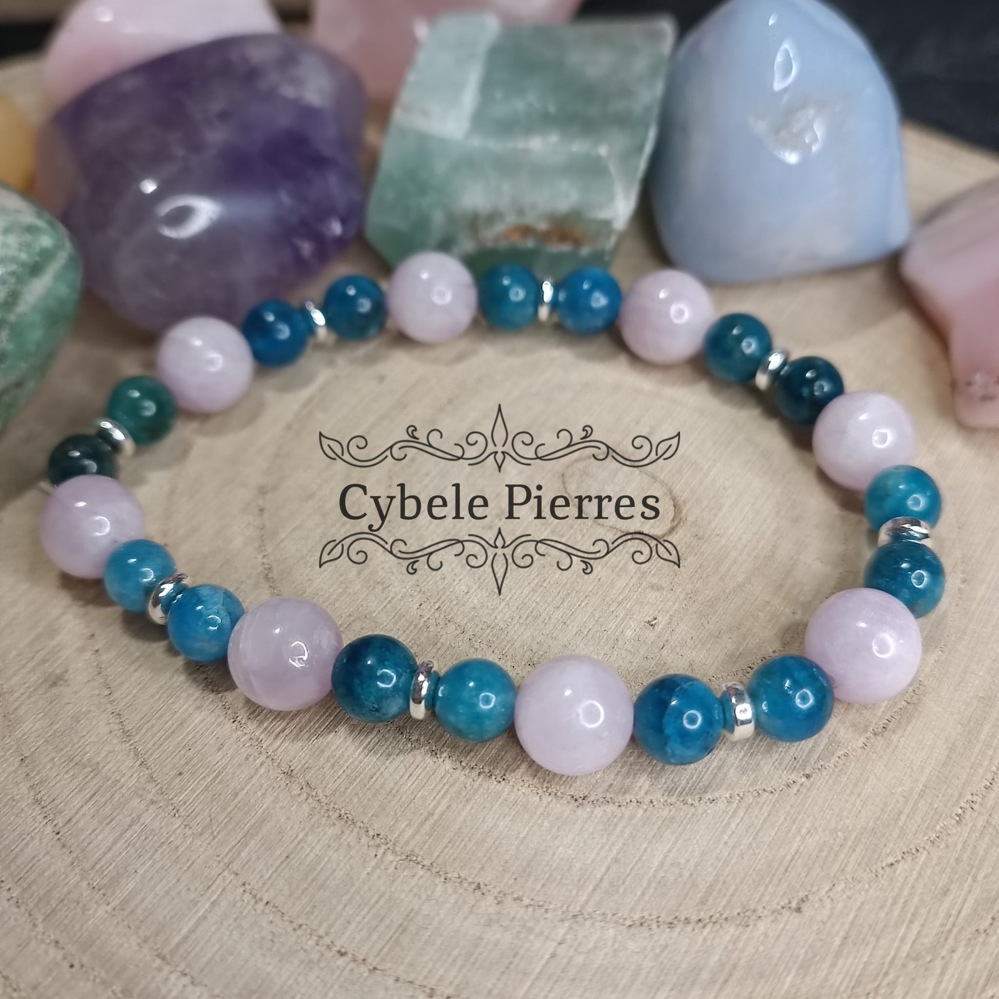 Bracelet Sister - Apatite bleue et Kunzite (6 et 8mm) - 18cm - Cybele Pierres