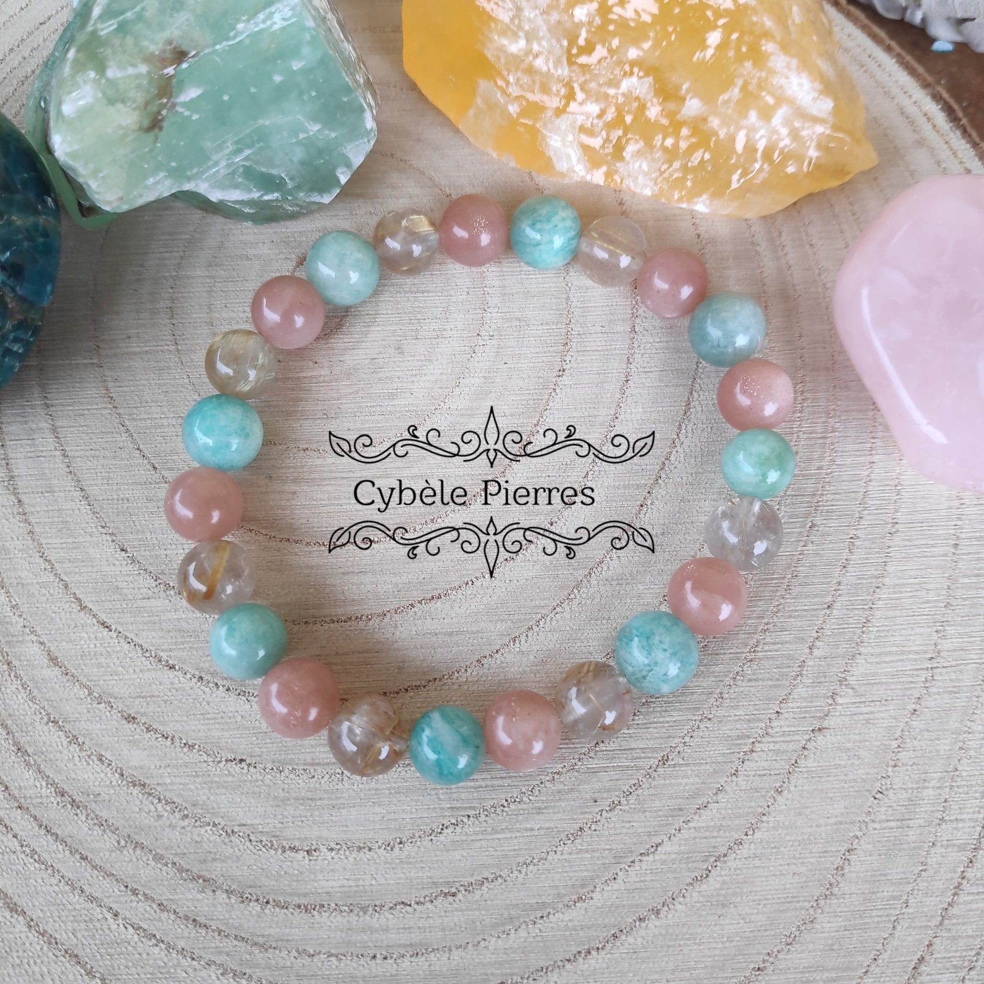 Bracelet Souverainté - Amazonite, Pierre de Lune pêche et Quartz Rutile (8mm) - 19cm - Cybele Pierres