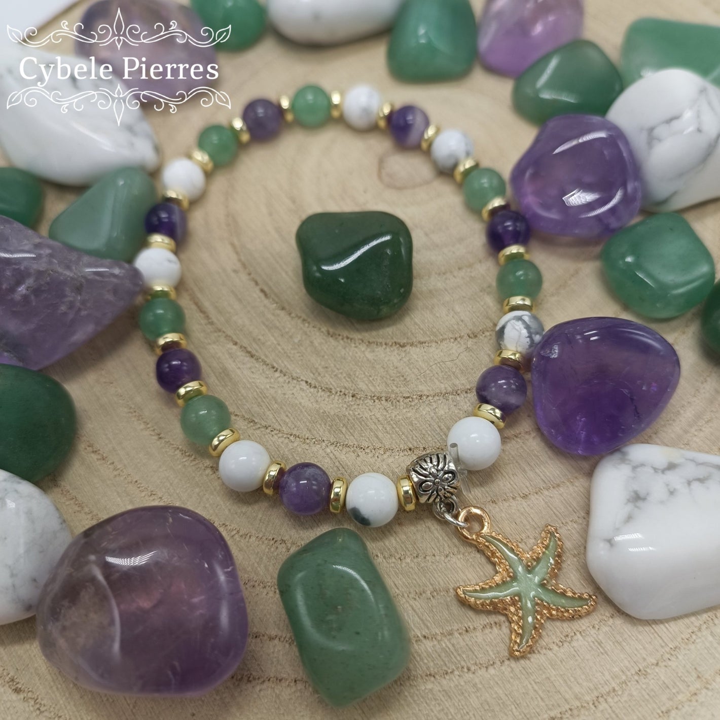 Bracelet Summer - Howlite, Améthyste et Aventurine verte (6mm) - 18cm - Cybele Pierres