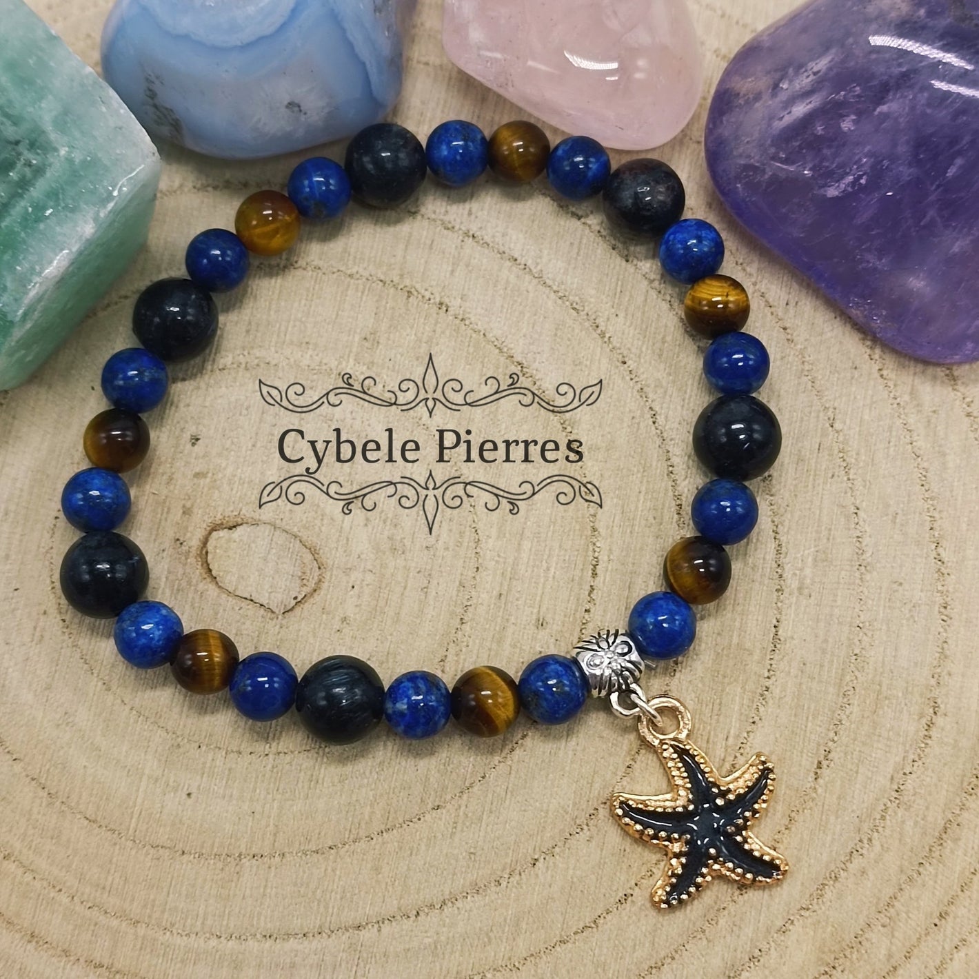 Bracelet "Summer" Noir - Oeil de tigre, Lapis - lazuli et Astrophyillite (8mm et 6mm) - 18cm - Cybele Pierres