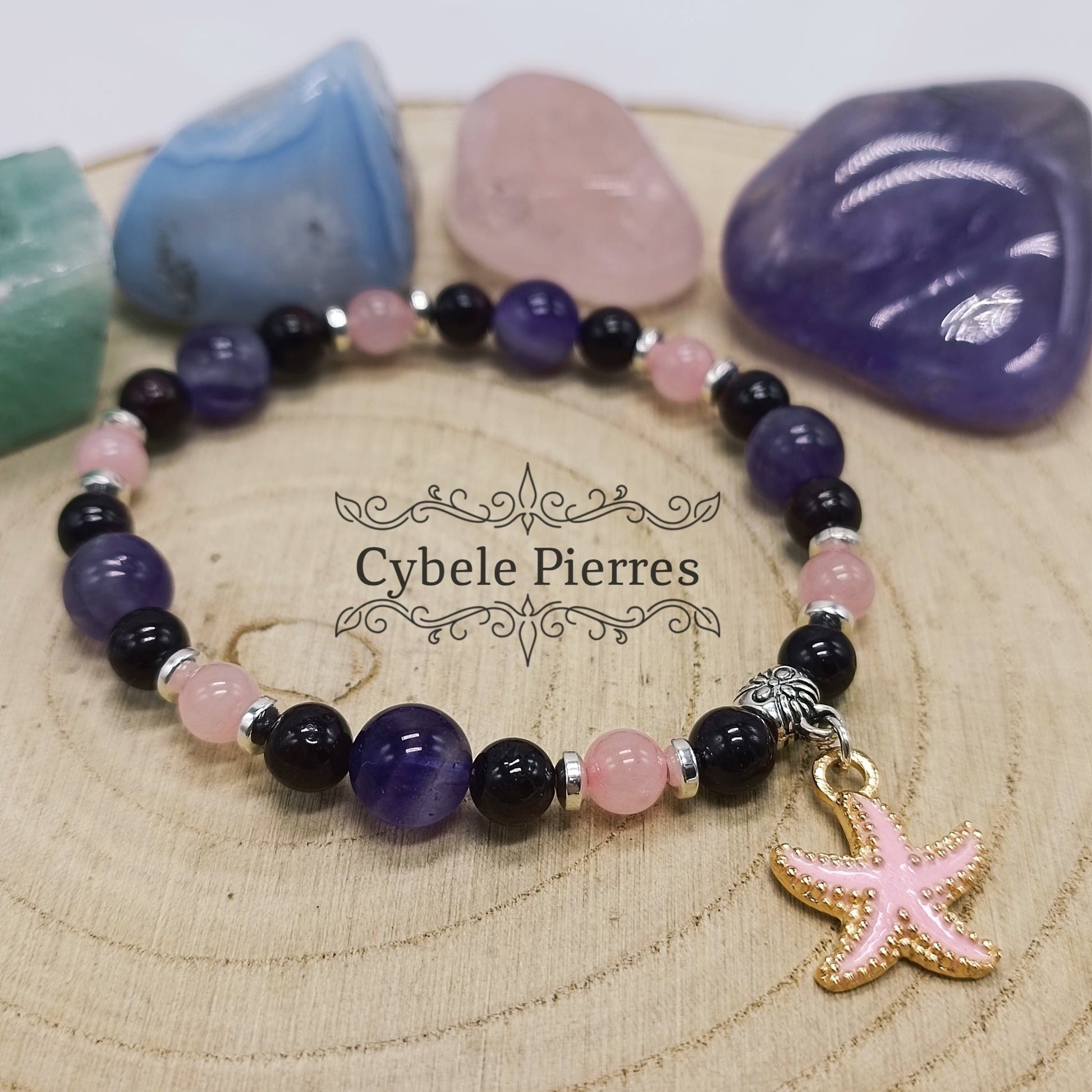 Bracelet "Summer" Rose - Améthyste, Grenat et Quartz rose (8mm et 6mm) - 18cm - Cybele Pierres