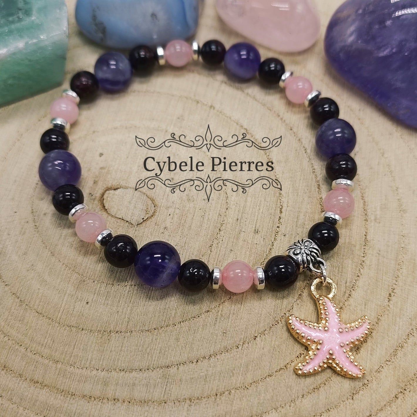 Bracelet "Summer" Rose - Améthyste, Grenat et Quartz rose (8mm et 6mm) - 18cm - Cybele Pierres