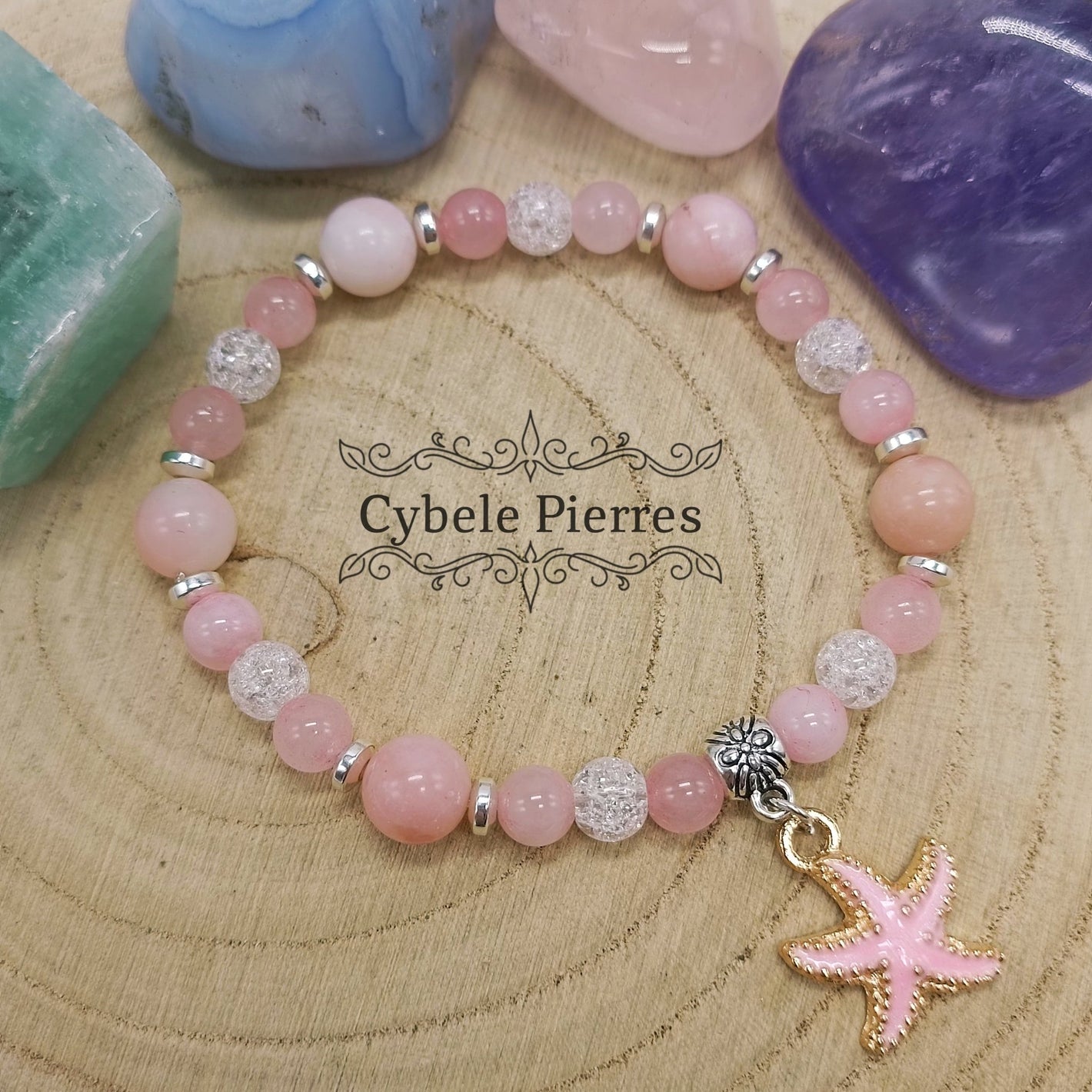 Bracelet "Summer" Rose - Opale rose, Cristal de roche craquelé et Quartz rose (8mm et 6mm) - 17cm - Cybele Pierres