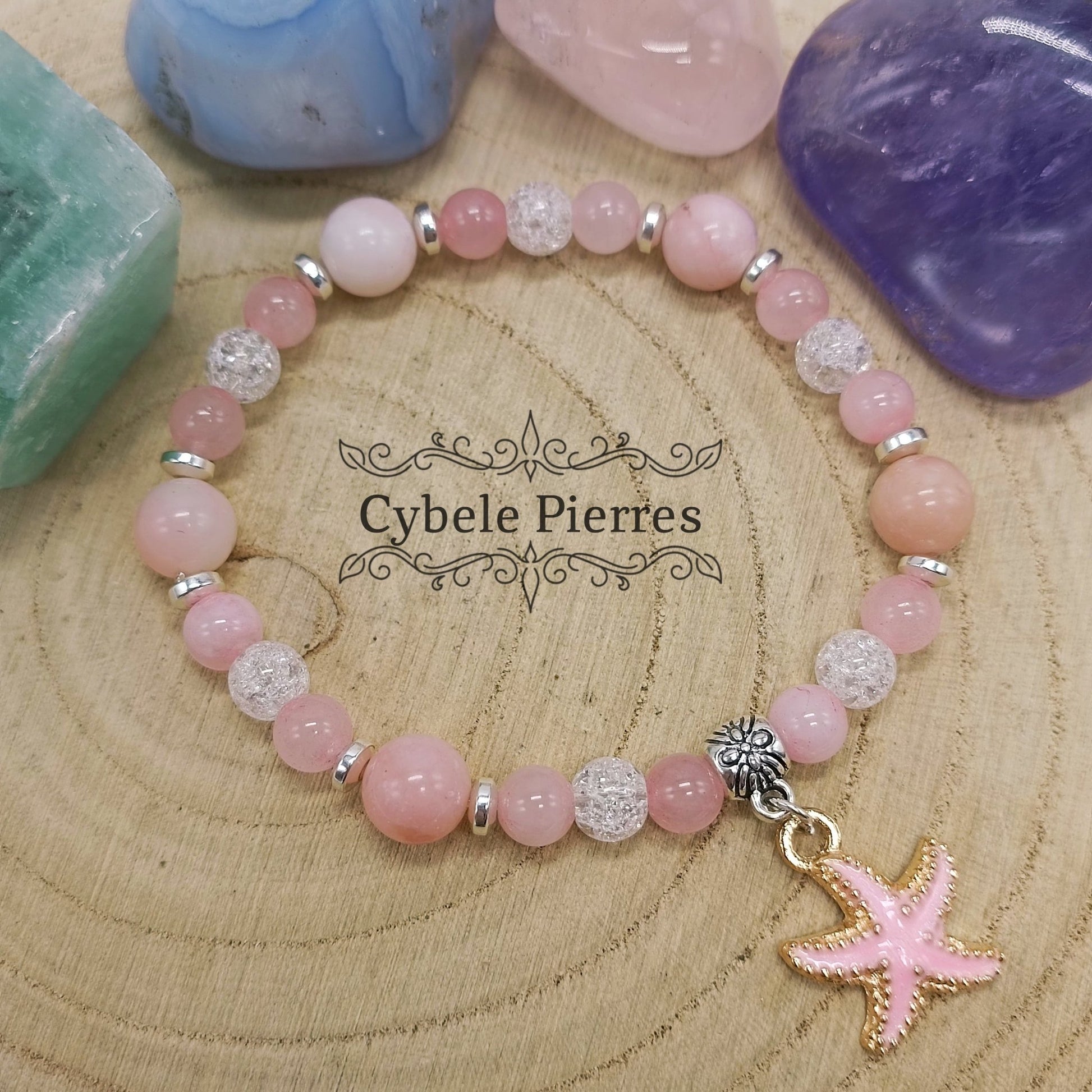 Bracelet "Summer" Rose - Opale rose, Cristal de roche craquelé et Quartz rose (8mm et 6mm) - 17cm - Cybele Pierres