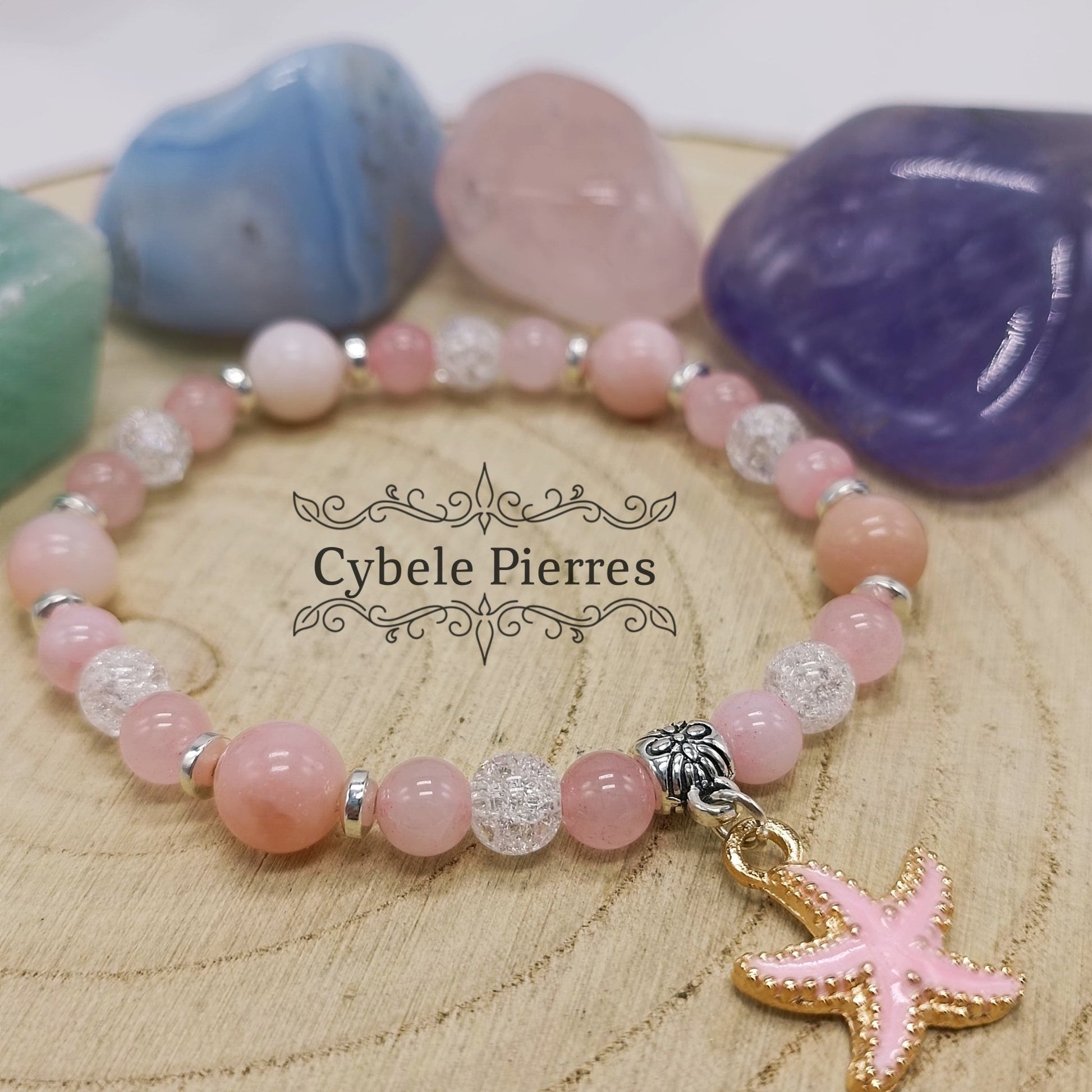 Bracelet "Summer" Rose - Opale rose, Cristal de roche craquelé et Quartz rose (8mm et 6mm) - 17cm - Cybele Pierres