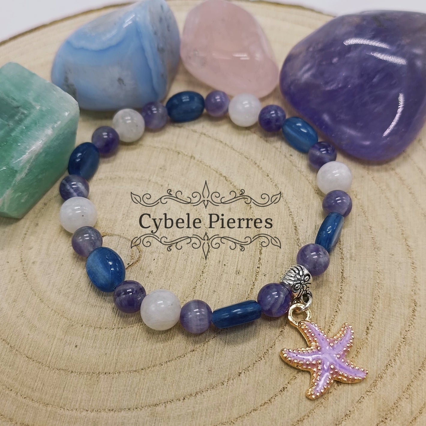 Bracelet "Summer" Violet - Péristérite, Améthyste et Cyanite (8mm et 6mm) - 18cm - Cybele Pierres