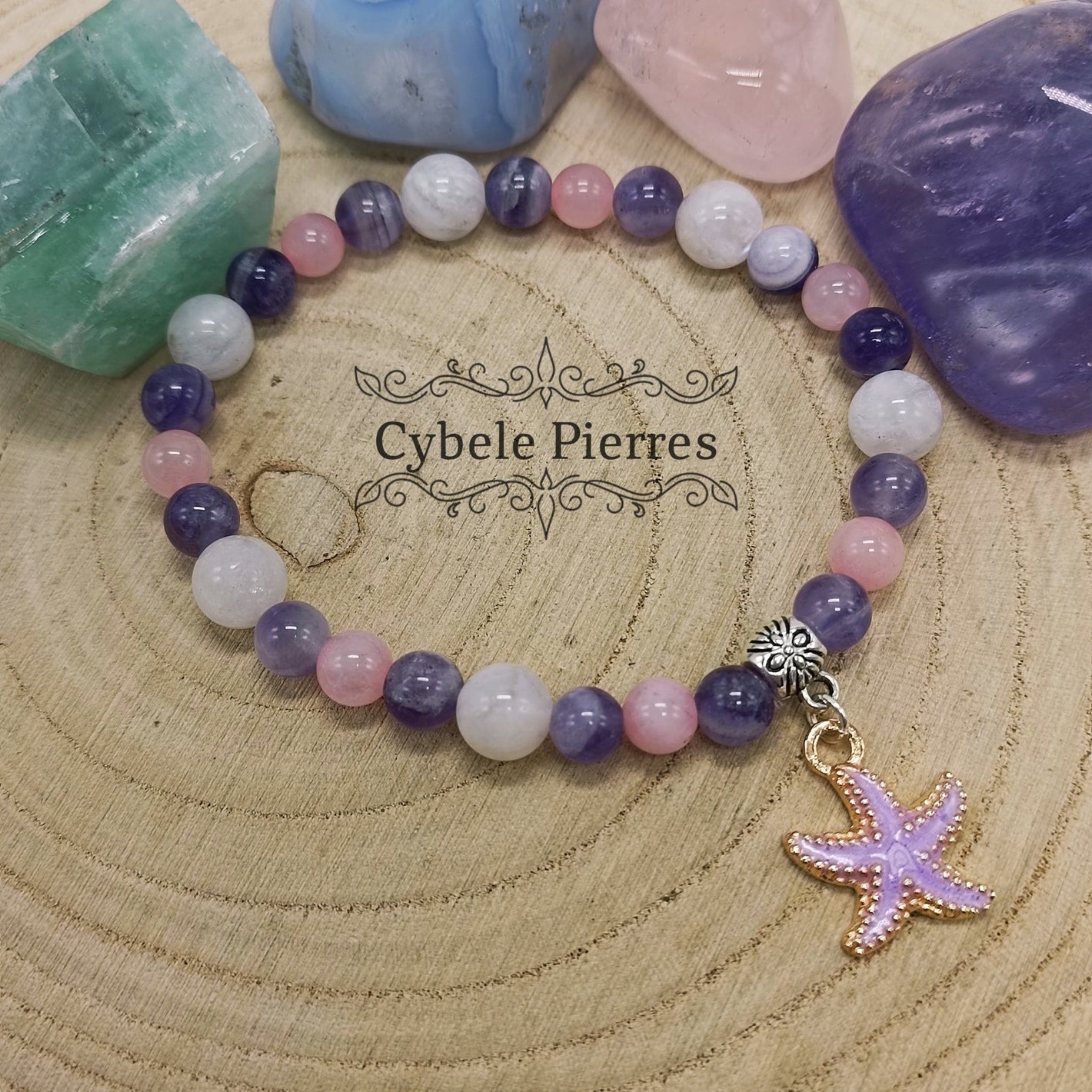 Bracelet "Summer" Violet - Péristérite, Améthyste et Quartz rose (8mm et 6mm) - 18cm - Cybele Pierres