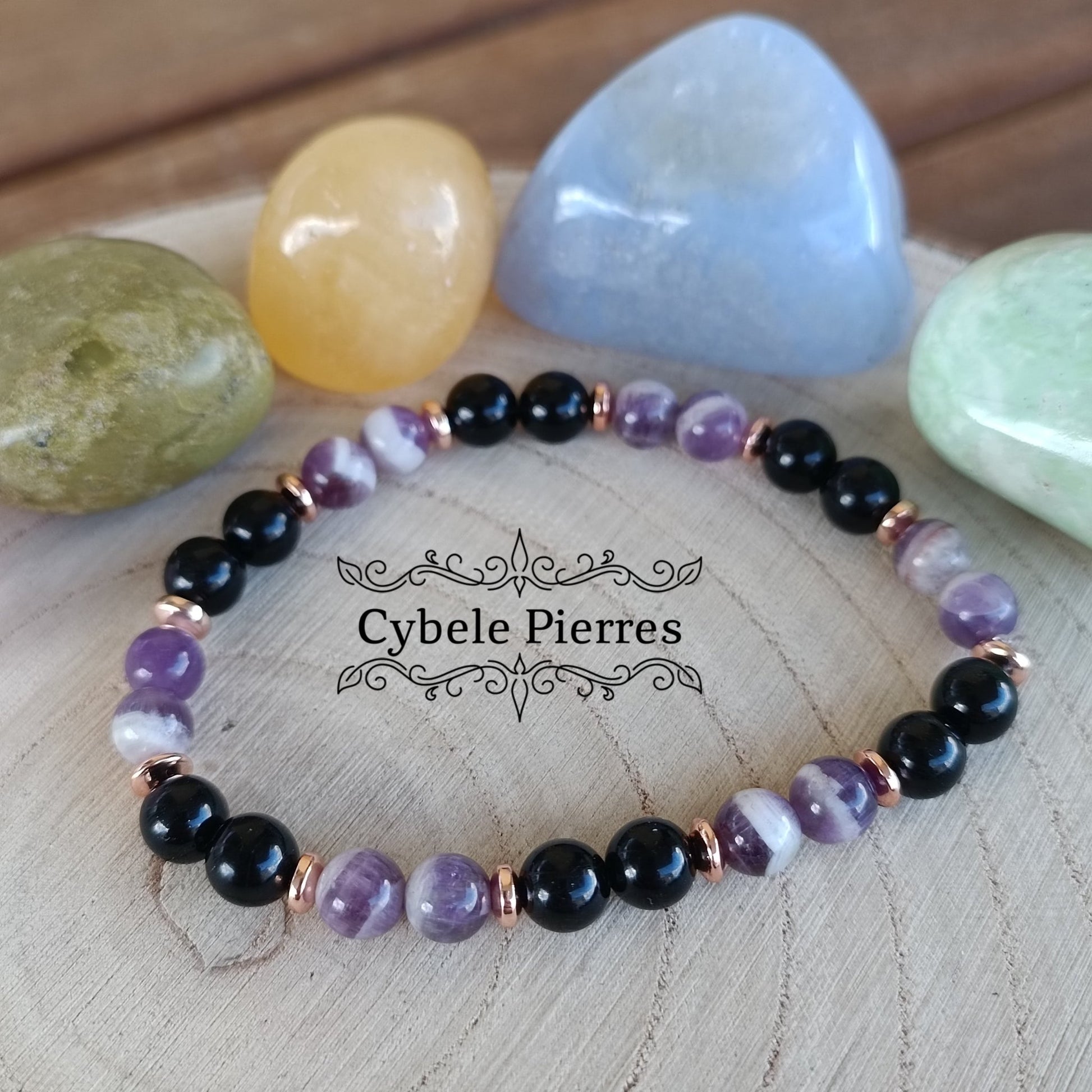 Bracelet Super Protection - Tourmaline et Améthyste (6mm) - 17cm | Équilibre et Ancrage - Cybele Pierres