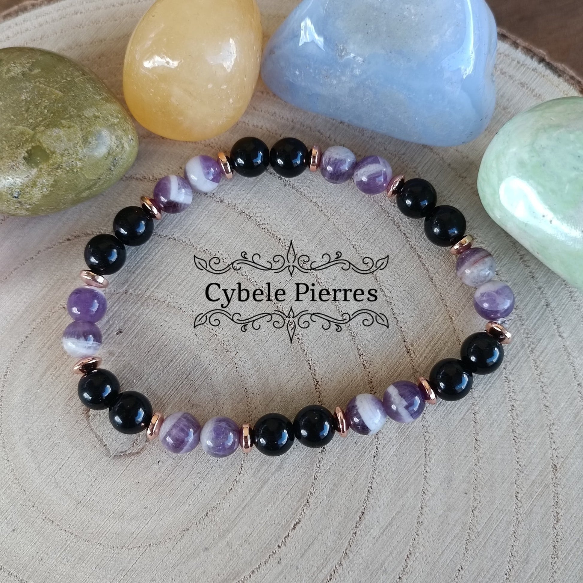Bracelet Super Protection - Tourmaline et Améthyste (6mm) - 17cm | Équilibre et Ancrage - Cybele Pierres