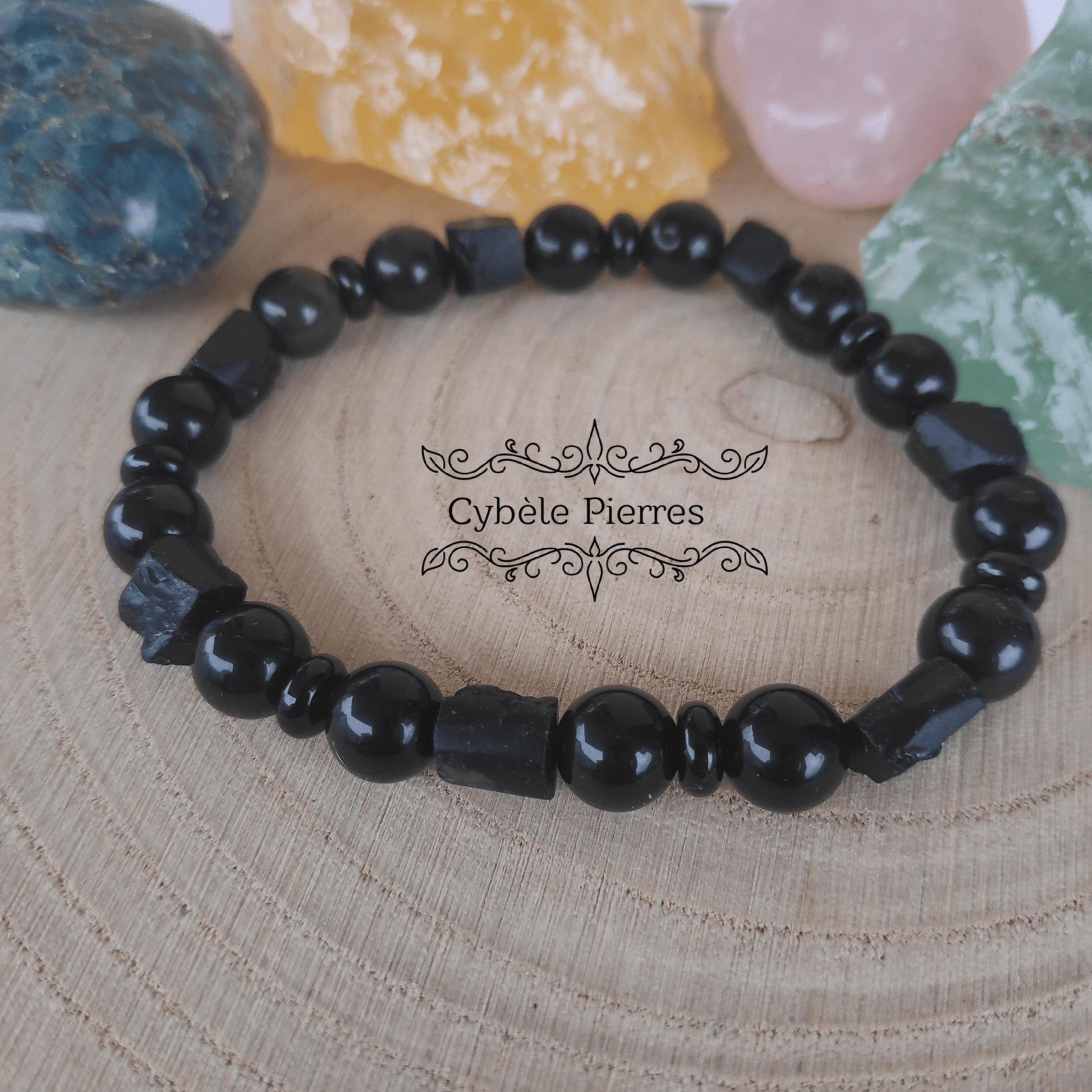 Bracelet Super protection - Tourmaline et Obsidienne oeil celeste (10mm et 8mm) - 19cm - Cybele Pierres