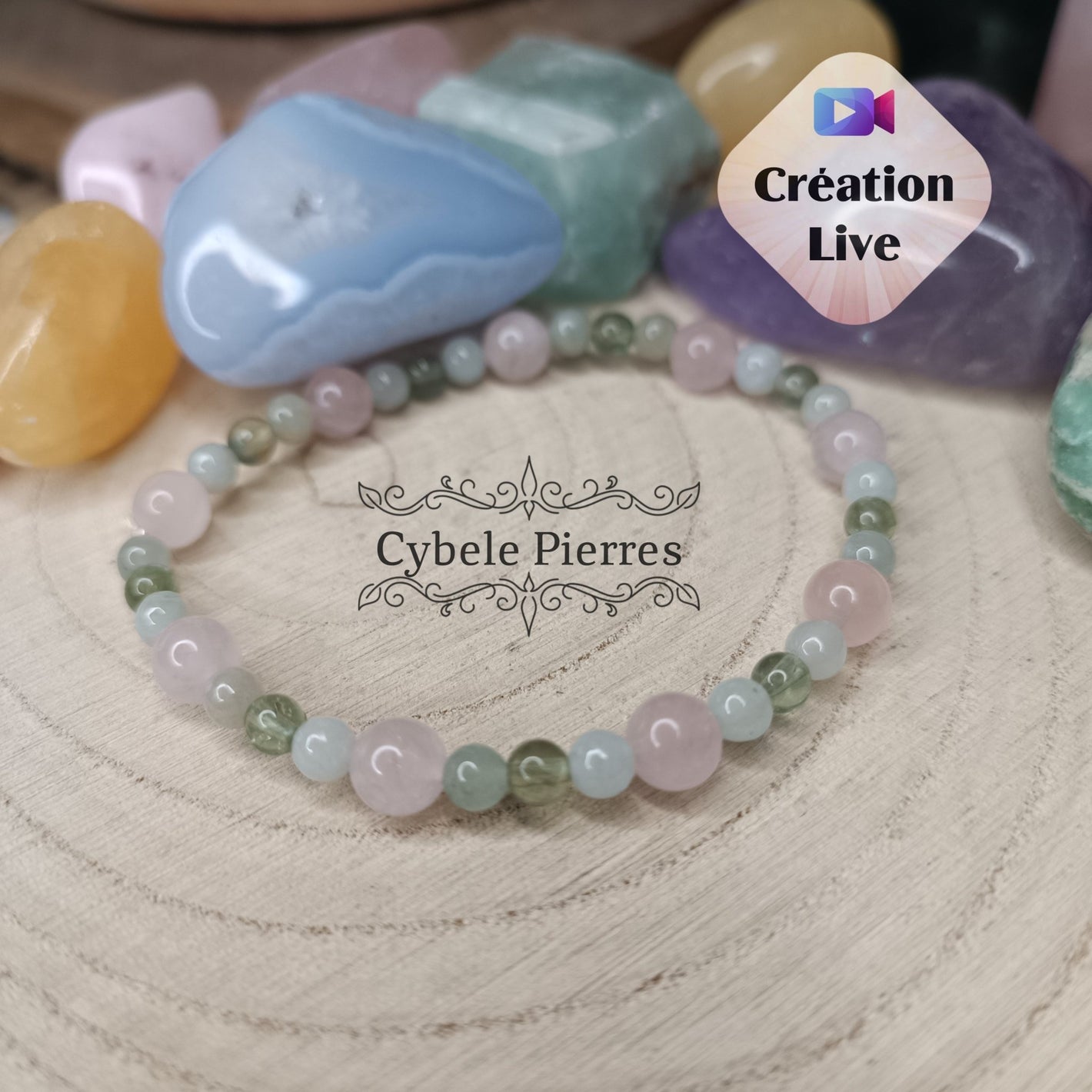 Bracelet "Tendre Enfance" - Apatite verte , Quartz rose et Jade Vert (3mm et 6mm) - 17cm - Cybele Pierres