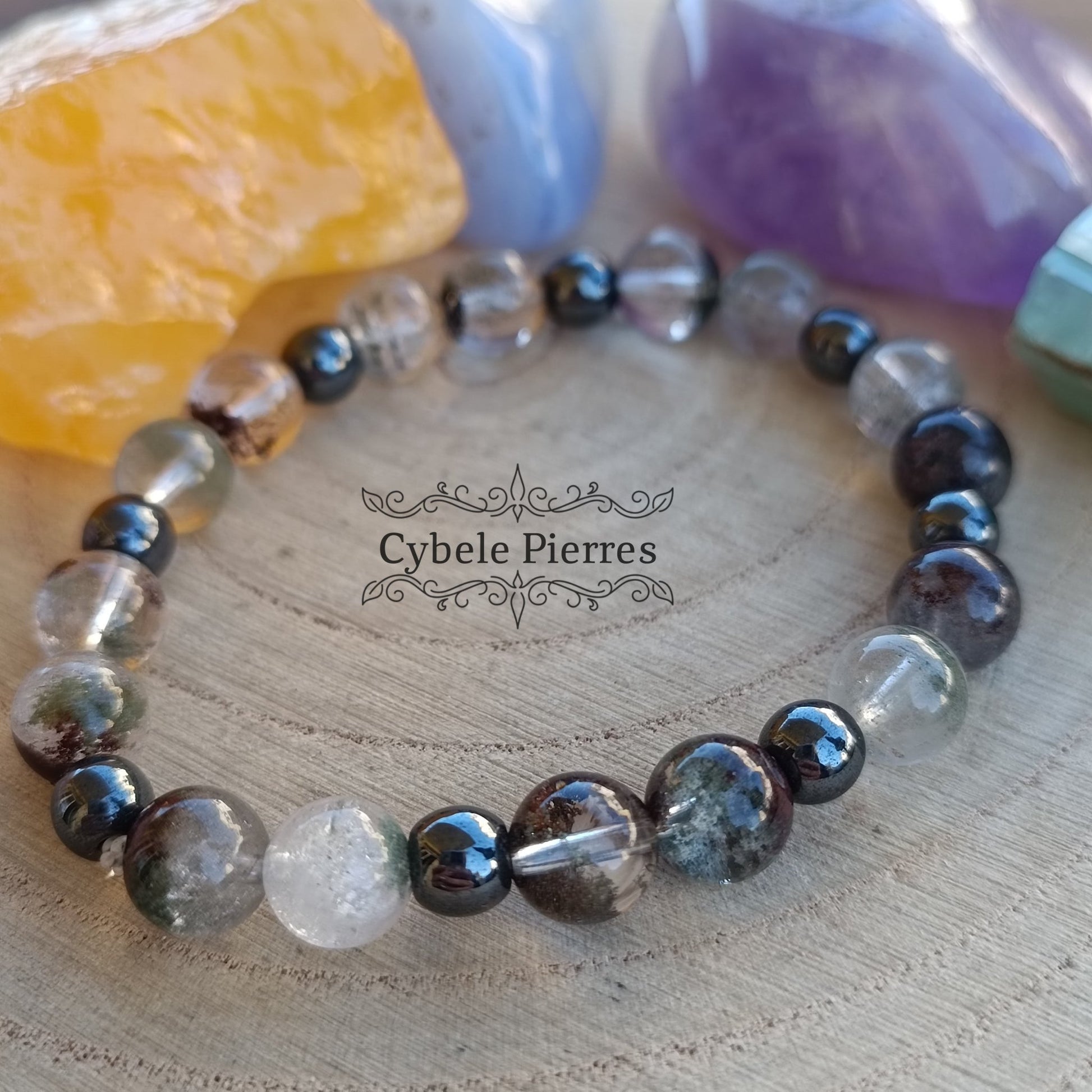 Bracelet Tendre - Hématite et Quartz Lodolite (6 et 8mm) - 17cm - Cybele Pierres