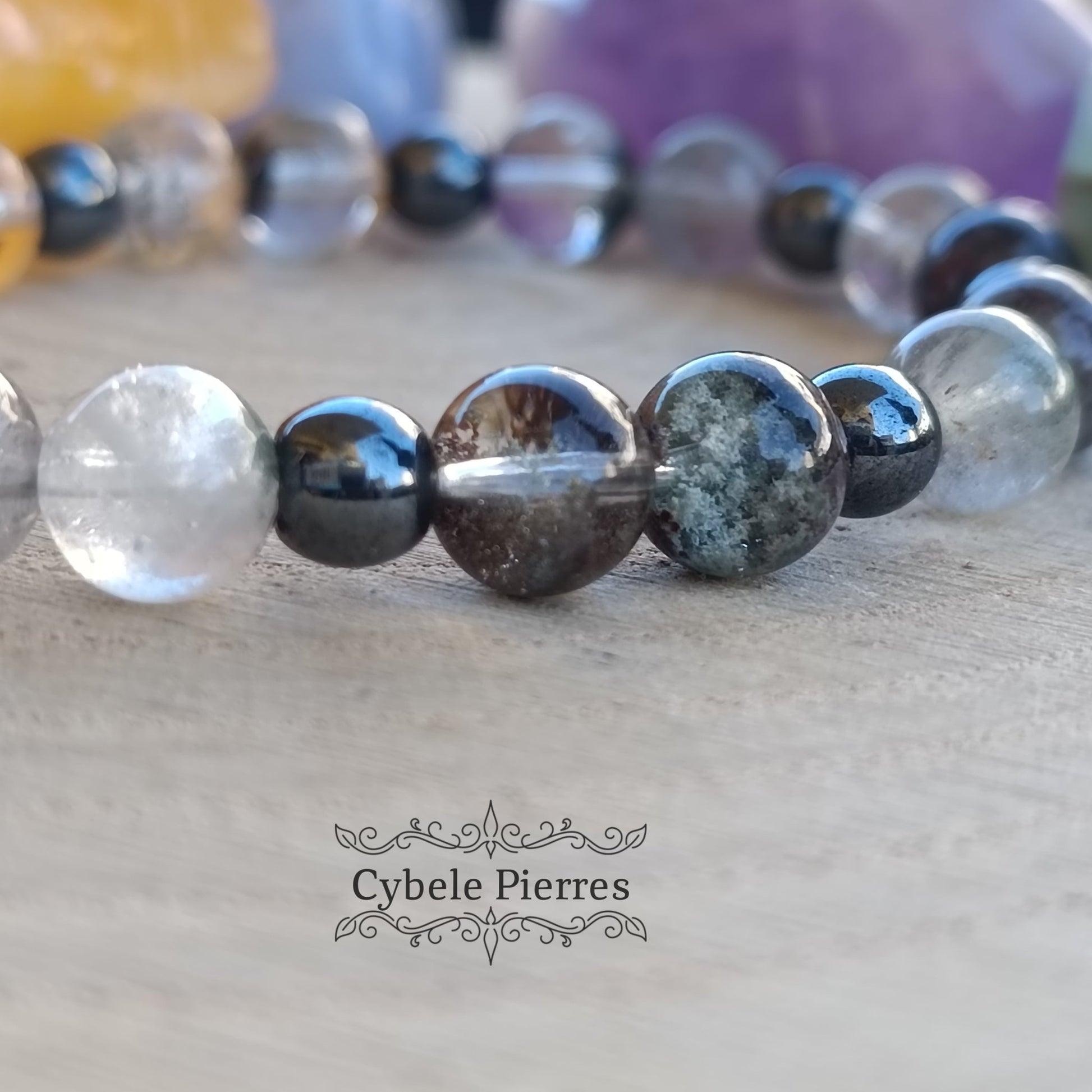 Bracelet Tendre - Hématite et Quartz Lodolite (6 et 8mm) - 17cm - Cybele Pierres