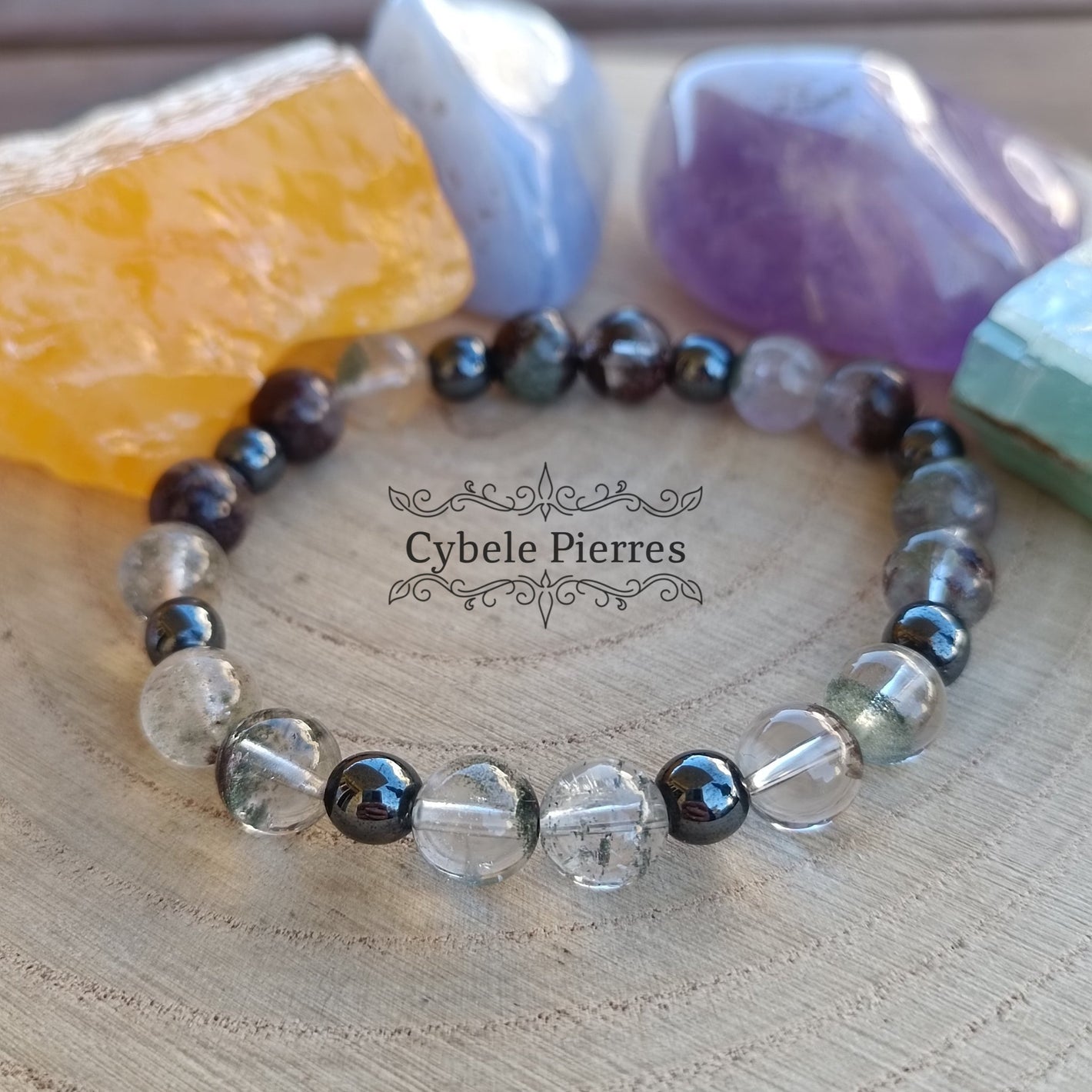 Bracelet Tendre - Hématite et Quartz Lodolite (6 et 8mm) - 17cm - Cybele Pierres