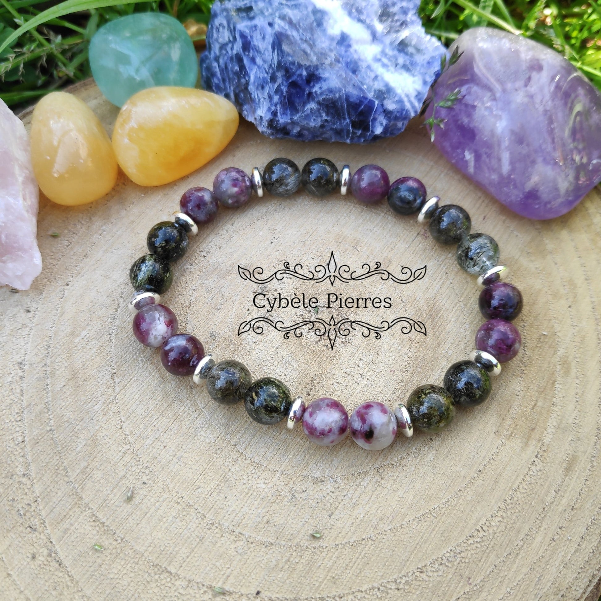 Bracelet Tourmaline Rose et verte rutile - (8mm) - 18cm - Cybele Pierres