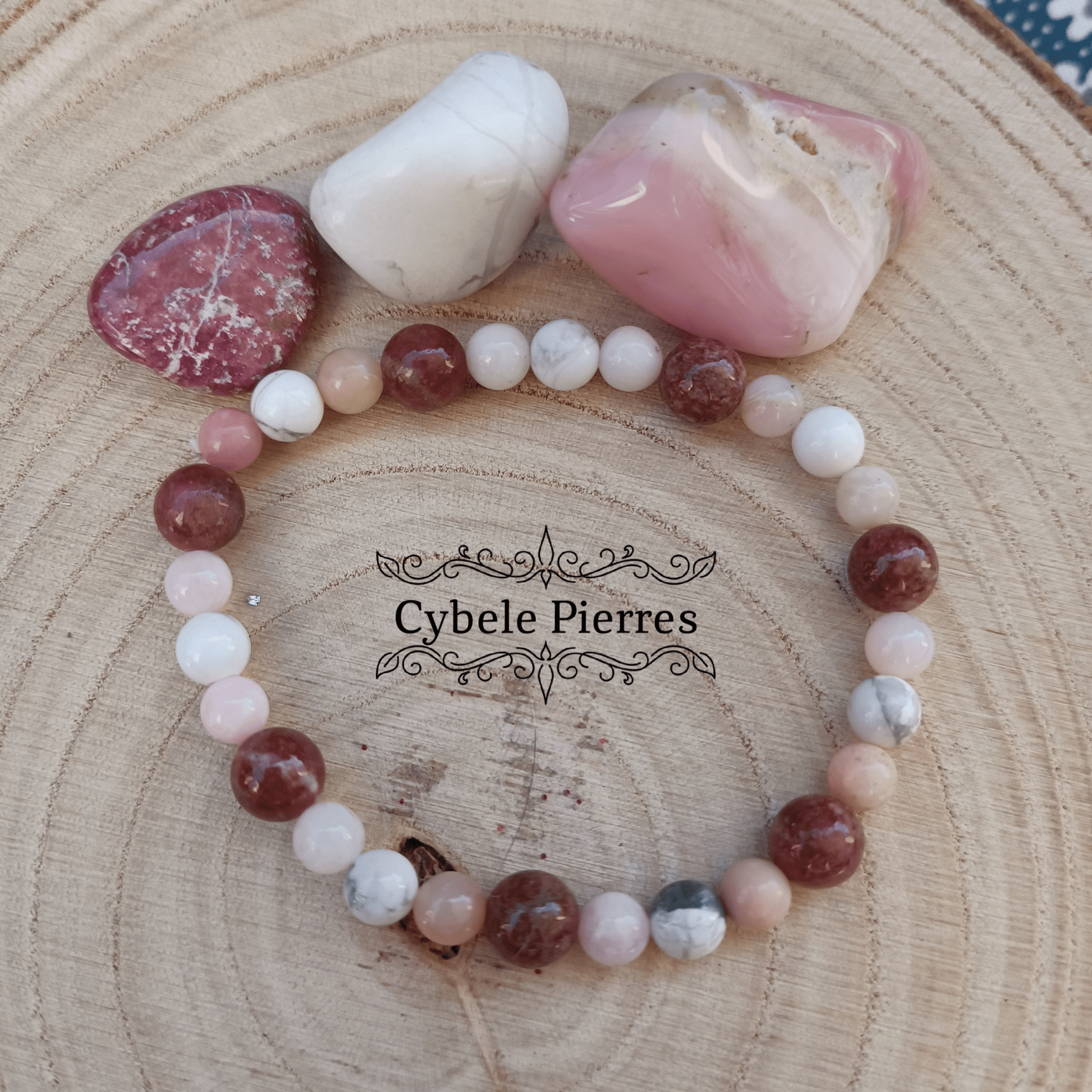 Bracelet "Tout va bien" - Thulite, Opale rose et Howlite (6mm) - 18cm - Cybele Pierres