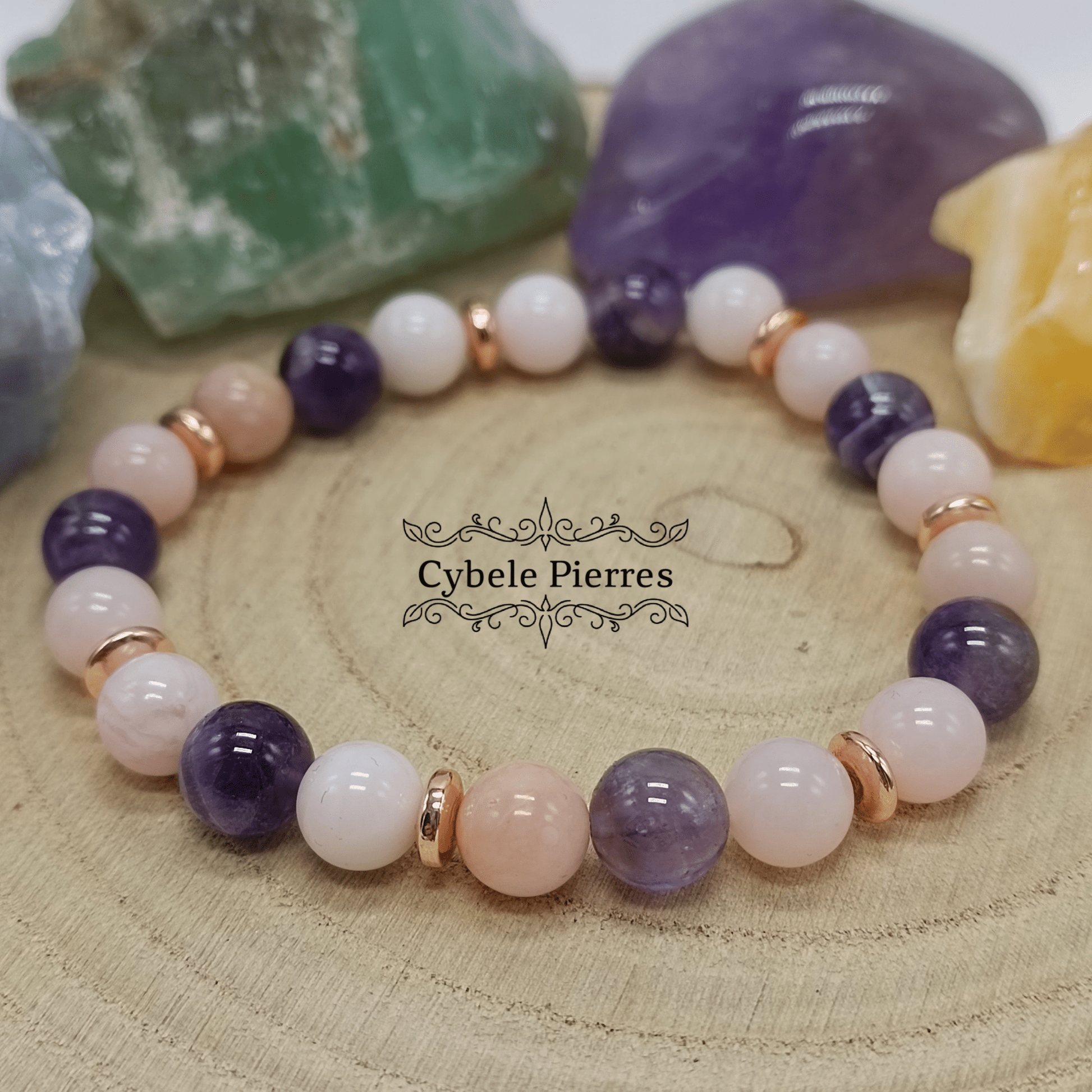 Bracelet Transformation - Opale rose et Améthyste (8mm) - 19cm - Cybele Pierres