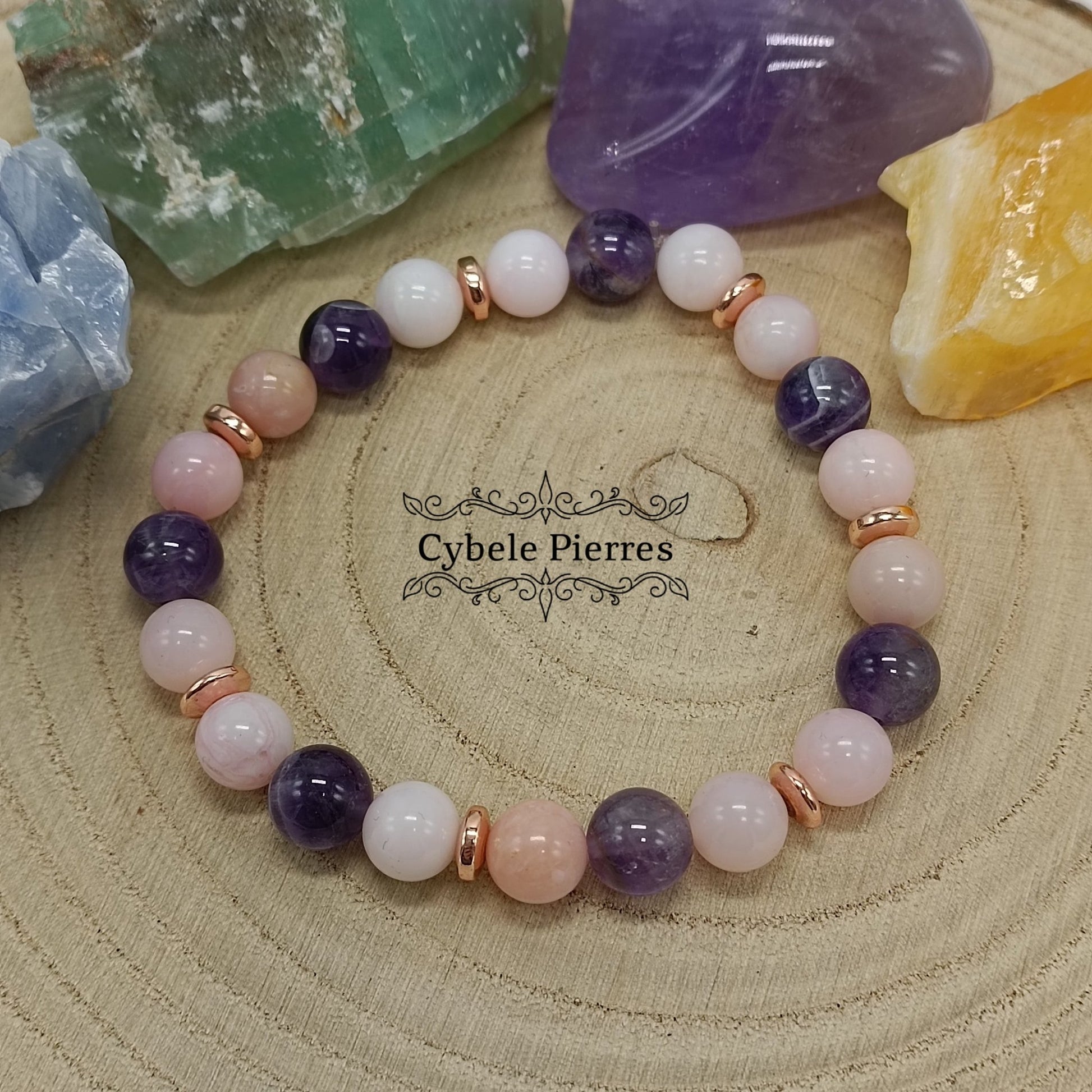 Bracelet Transformation - Opale rose et Améthyste (8mm) - 19cm - Cybele Pierres