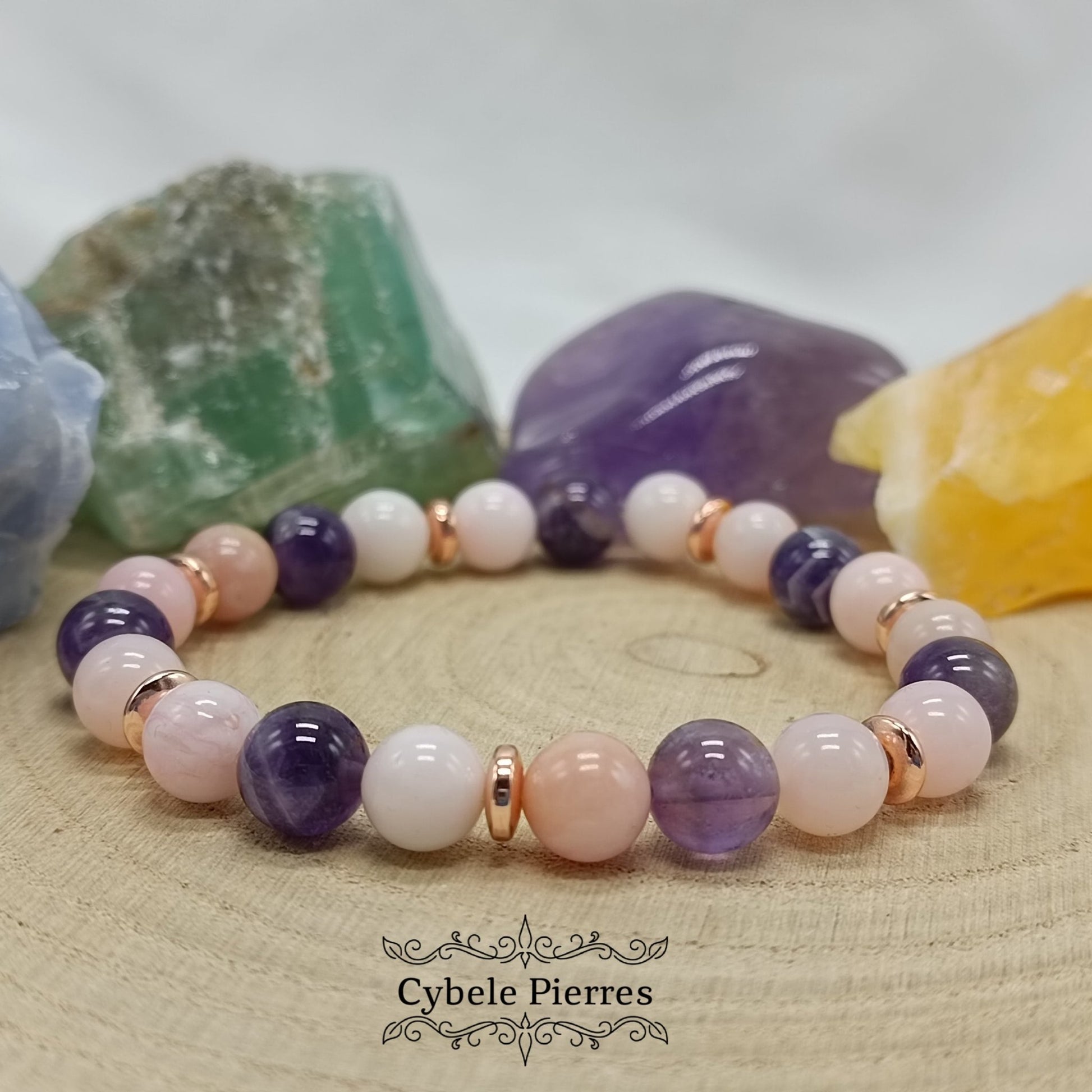 Bracelet Transformation - Opale rose et Améthyste (8mm) - 19cm - Cybele Pierres