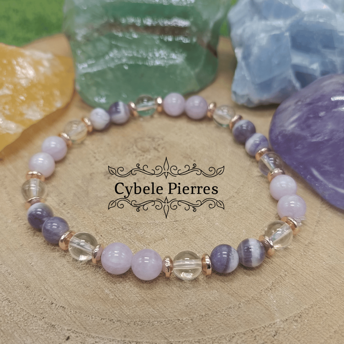 Bracelet Univers - Kunzite, Cristal de roche et Améthyste (6mm) - 18cm - Cybele Pierres