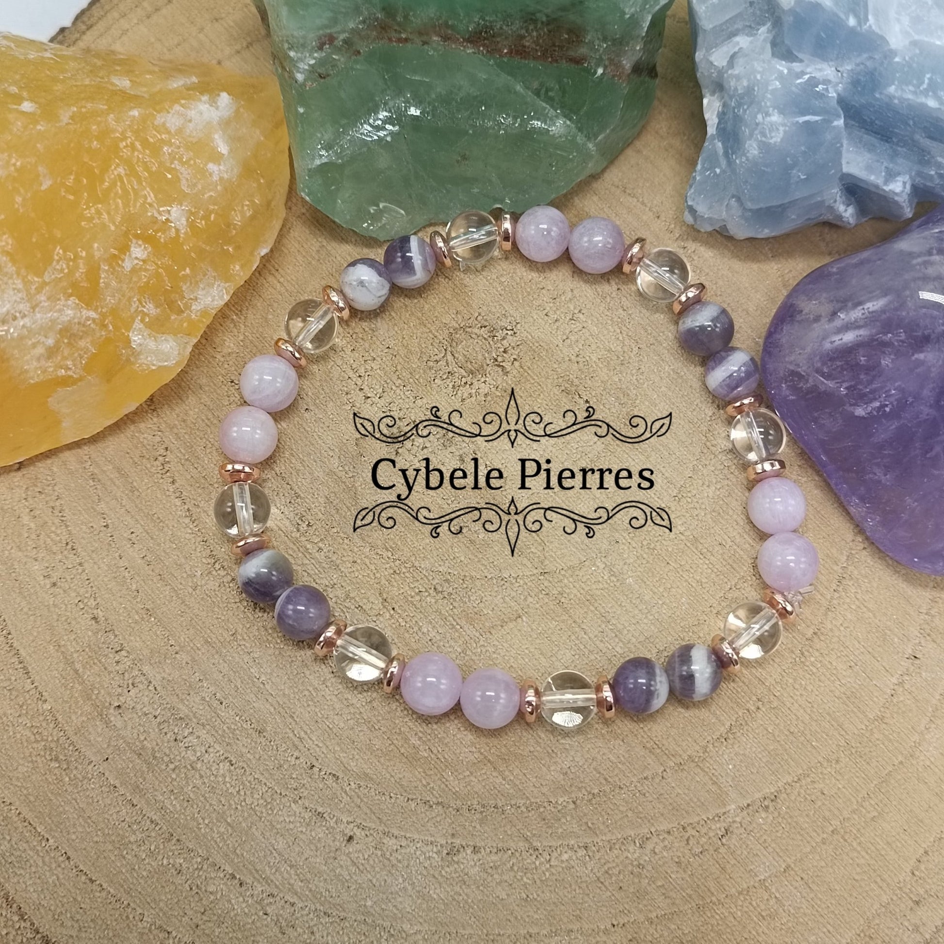 Bracelet Univers - Kunzite, Cristal de roche et Améthyste (6mm) - 18cm - Cybele Pierres