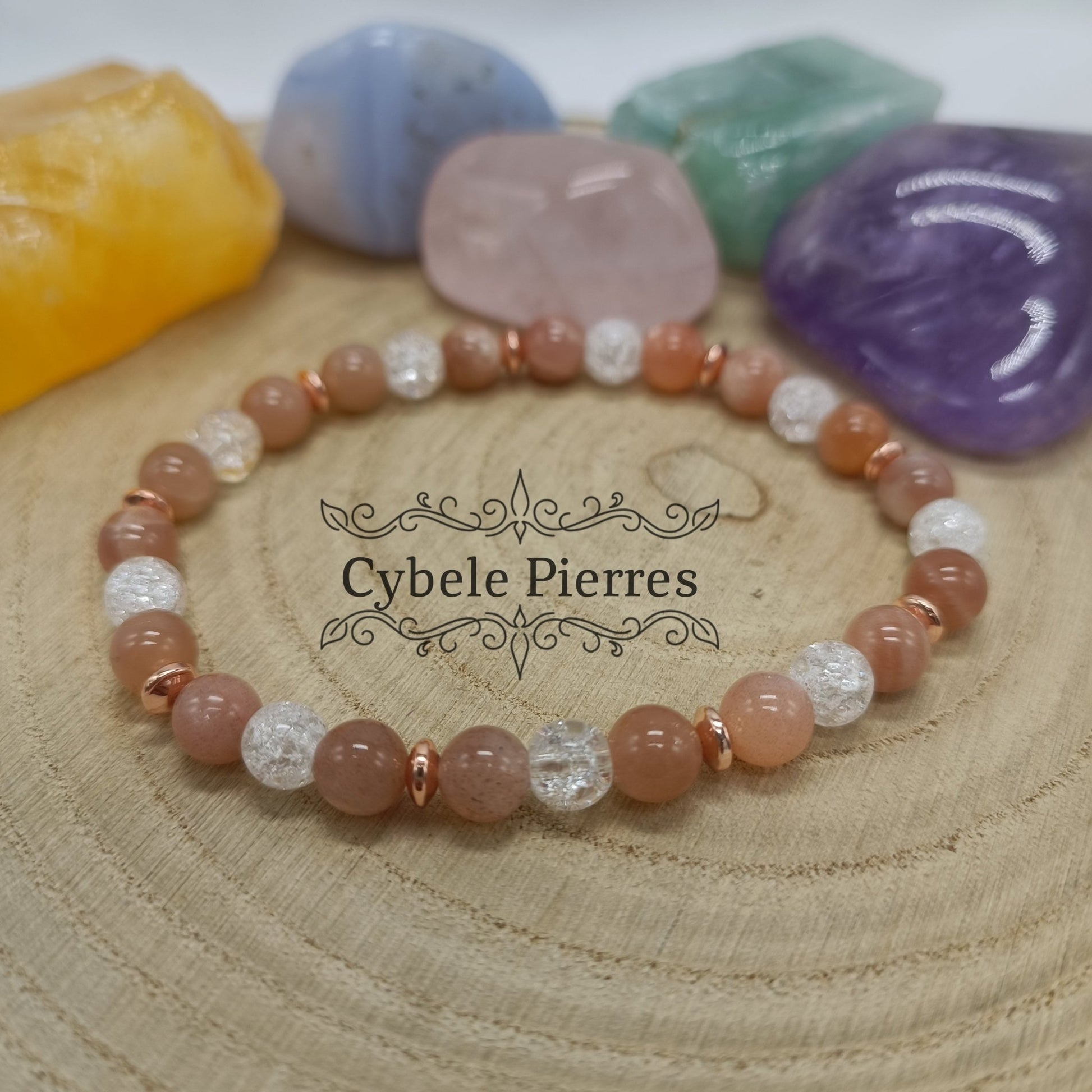 Bracelet Victoire - Pierre de Soleil et Cristal de roche Craquelé (6mm) - 17cm - Cybele Pierres