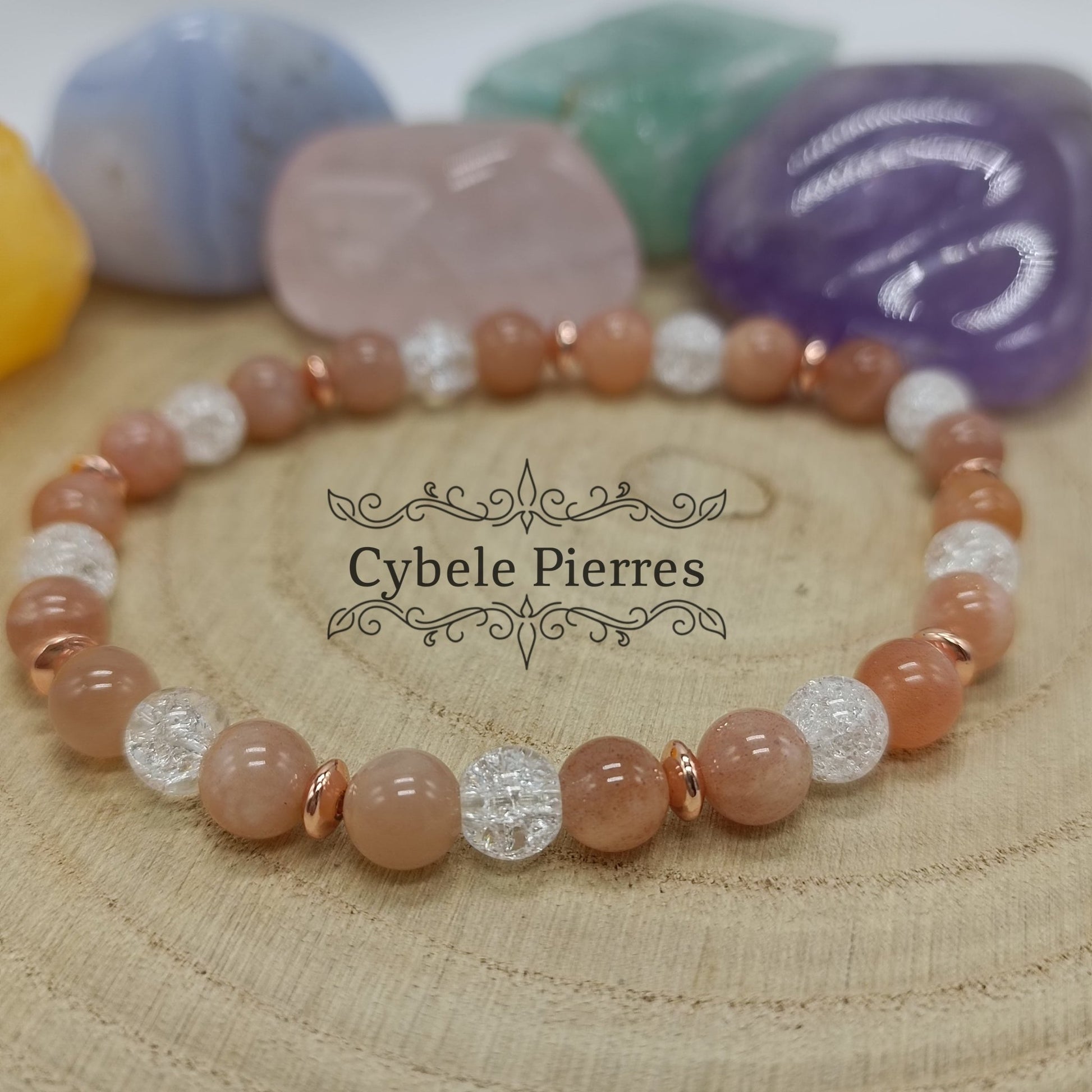 Bracelet Victoire - Pierre de Soleil et Cristal de roche Craquelé (6mm) - 17cm - Cybele Pierres
