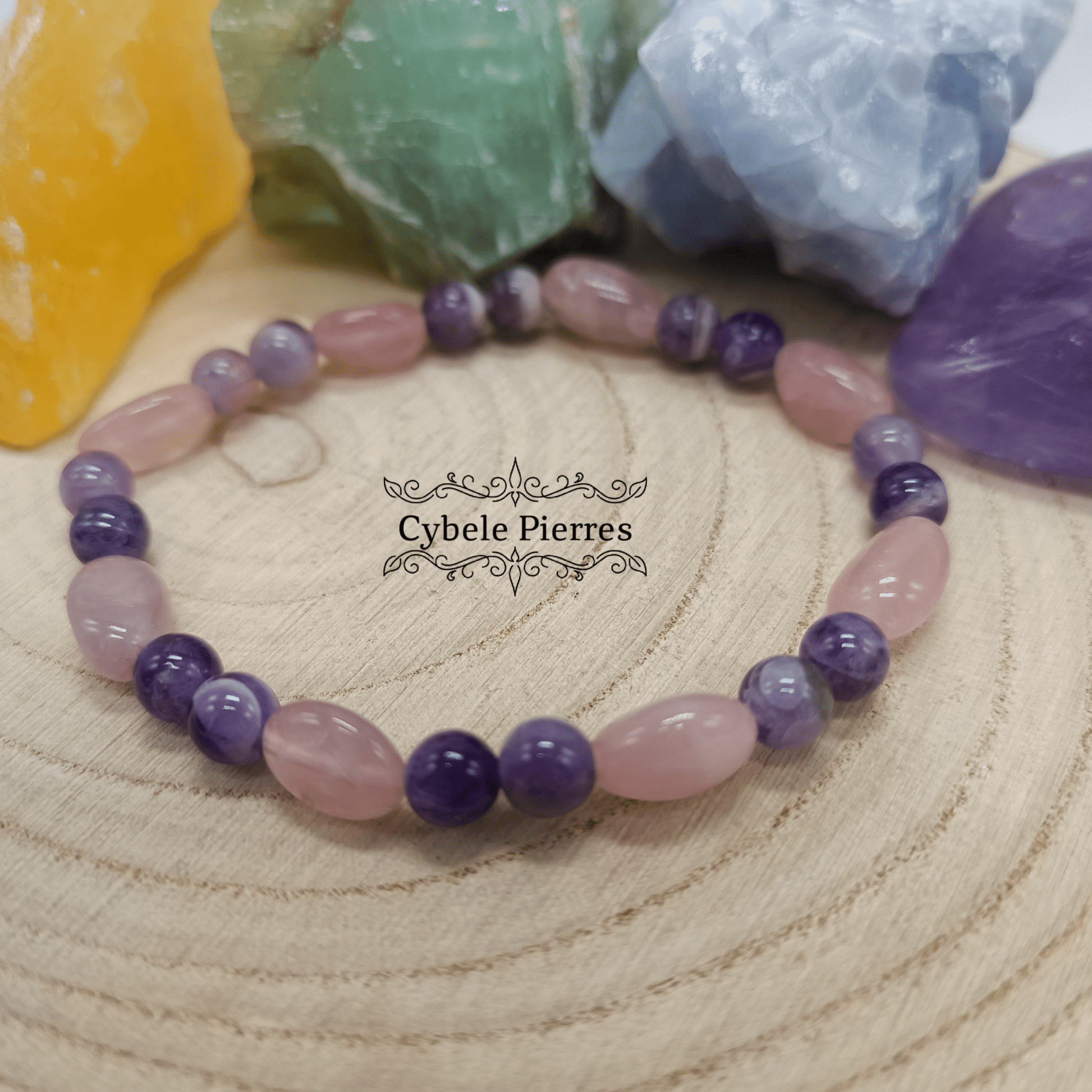 Bracelet Voeu - Améthyste rubanée et Quartz Rose (6 et 8mm) - 18cm - Cybele Pierres