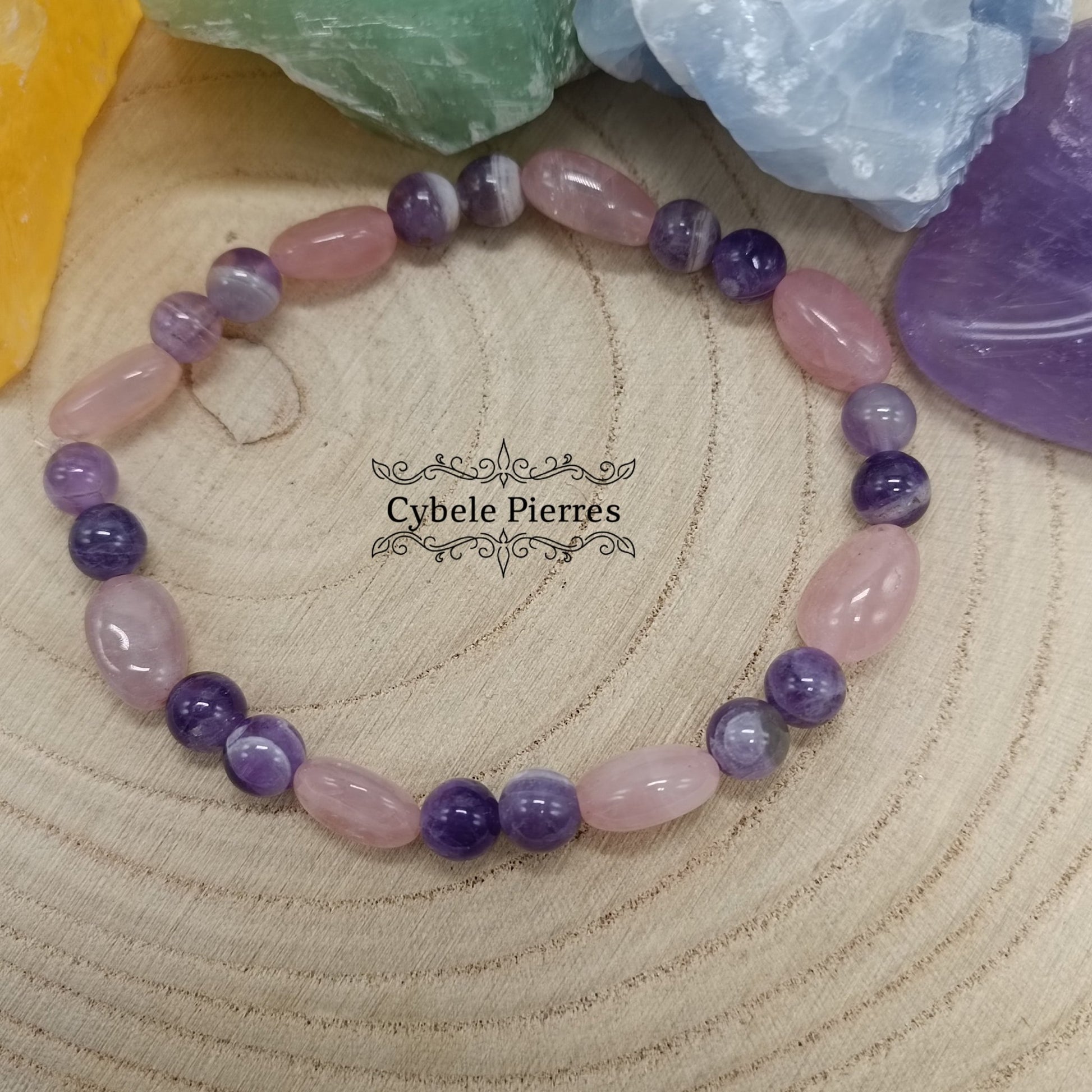 Bracelet Voeu - Améthyste rubanée et Quartz Rose (6 et 8mm) - 18cm - Cybele Pierres