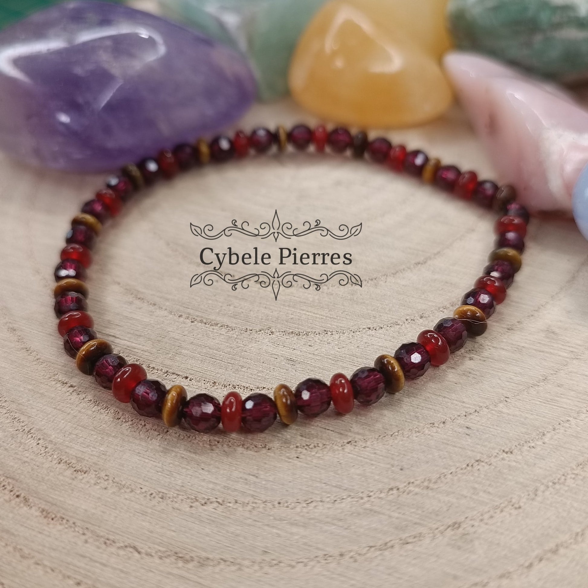 Bracelet Volcano - Oeil de Tigre, Cornaline et Grenat (2 et 4mm) - 18cm - Cybele Pierres
