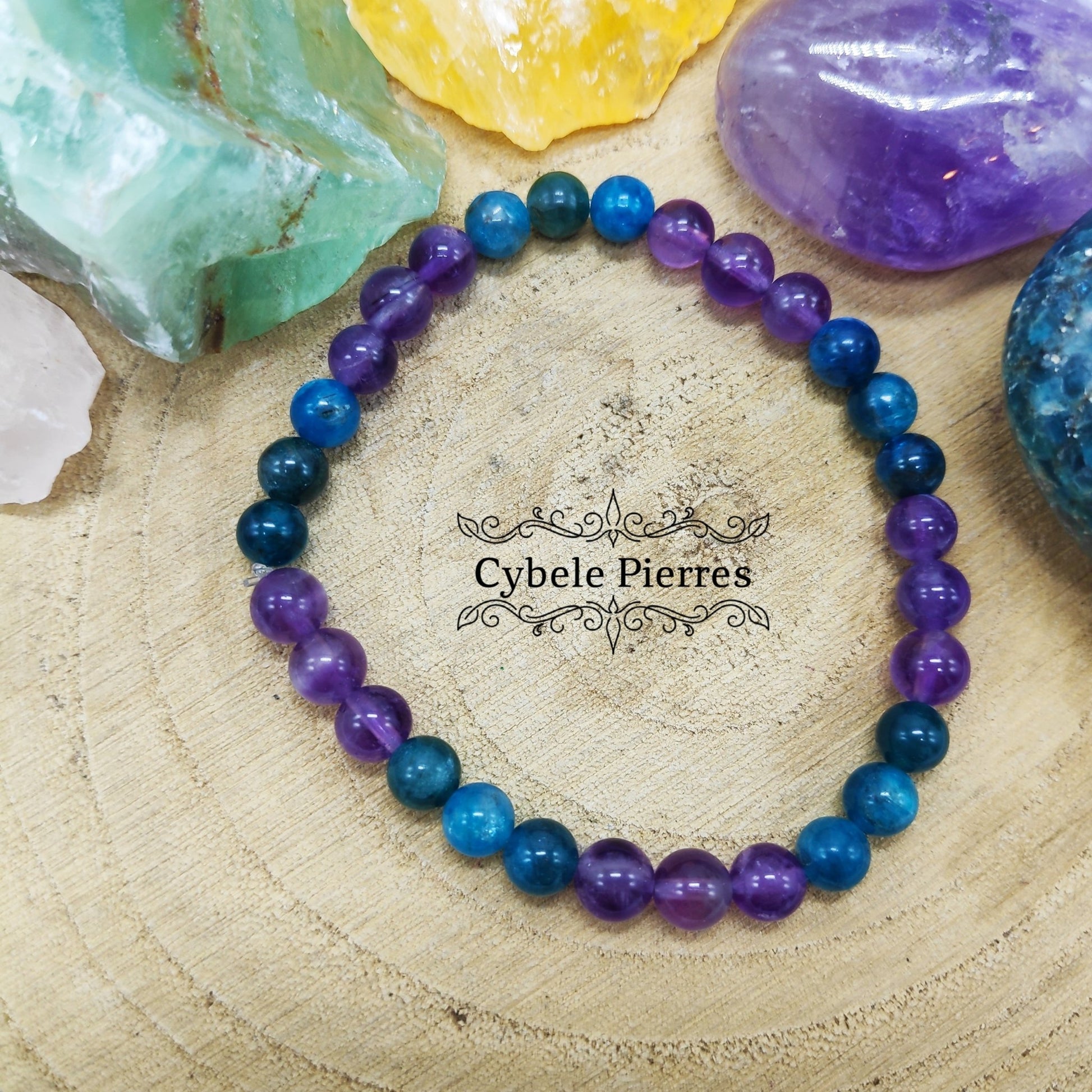 Bracelet Volonté - Apatite bleue et Améthyste (6mm) - 18cm - Cybele Pierres