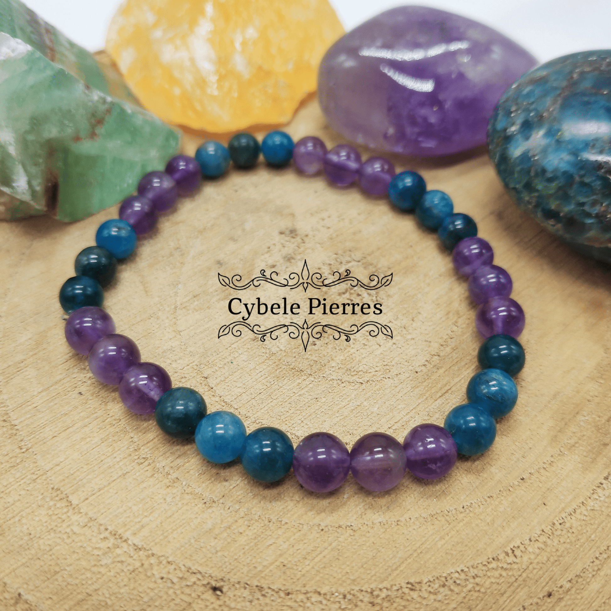 Bracelet Volonté - Apatite bleue et Améthyste (6mm) - 18cm - Cybele Pierres
