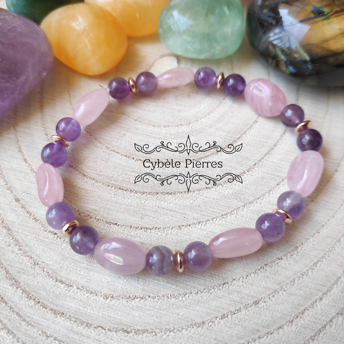 Bracelet Sérénité et Equilibre - Quartz rose et Améthyste ( 10mm et 6mm) - 17cm