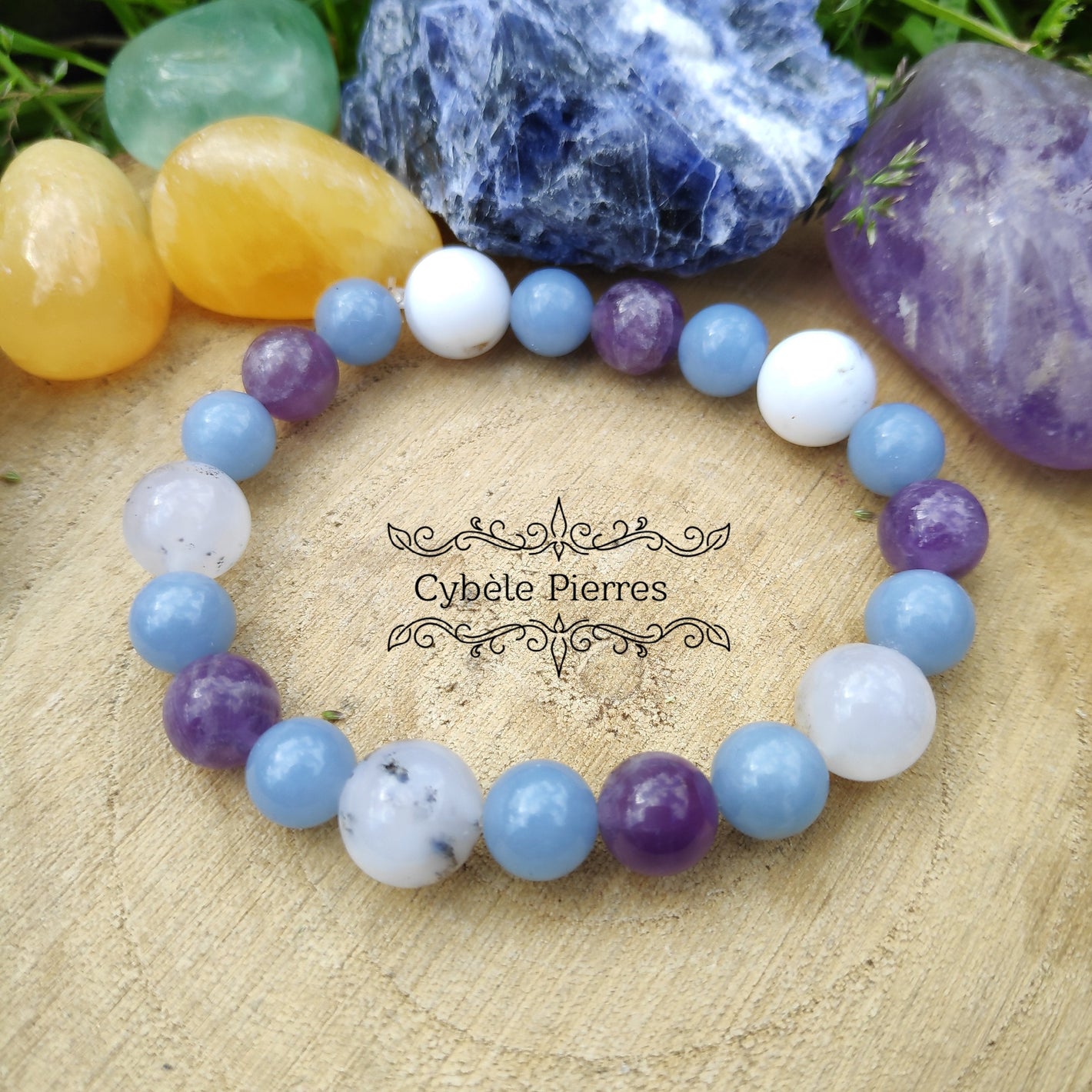 Bracelet Amour Parfait- Opale laiteuse, Angélite et Améthyste (10mm et 8mm) - 17cm