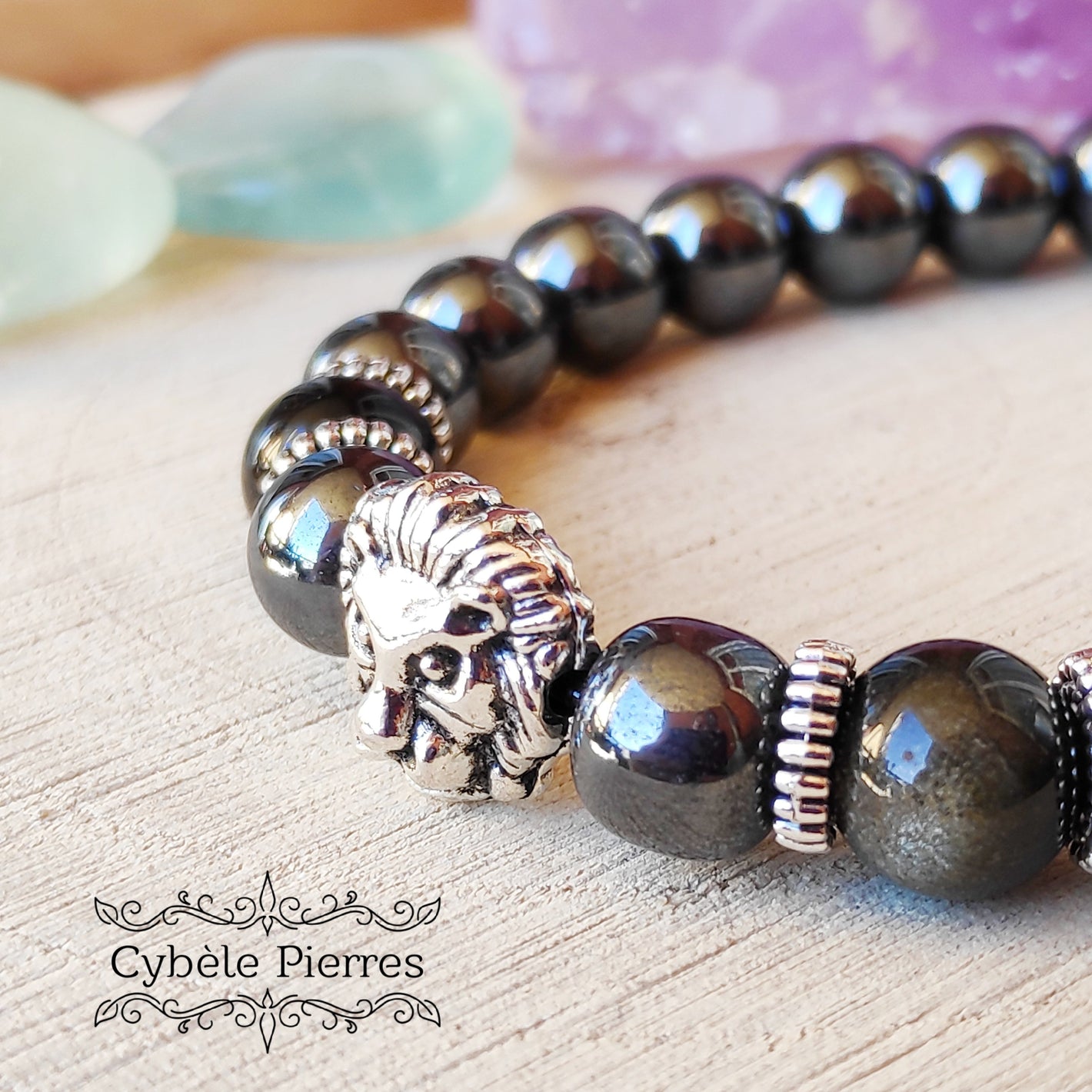 Bracelet Lion - Hématite & Obsidienne argentée (8mm) - 18cm