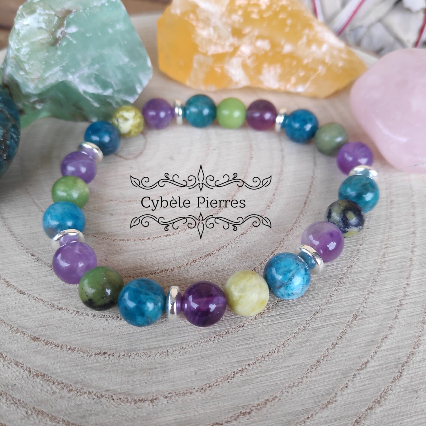 Bracelet Bienveillance - Apatite bleue, Variscite et Améthyste (8mm) - 18cm