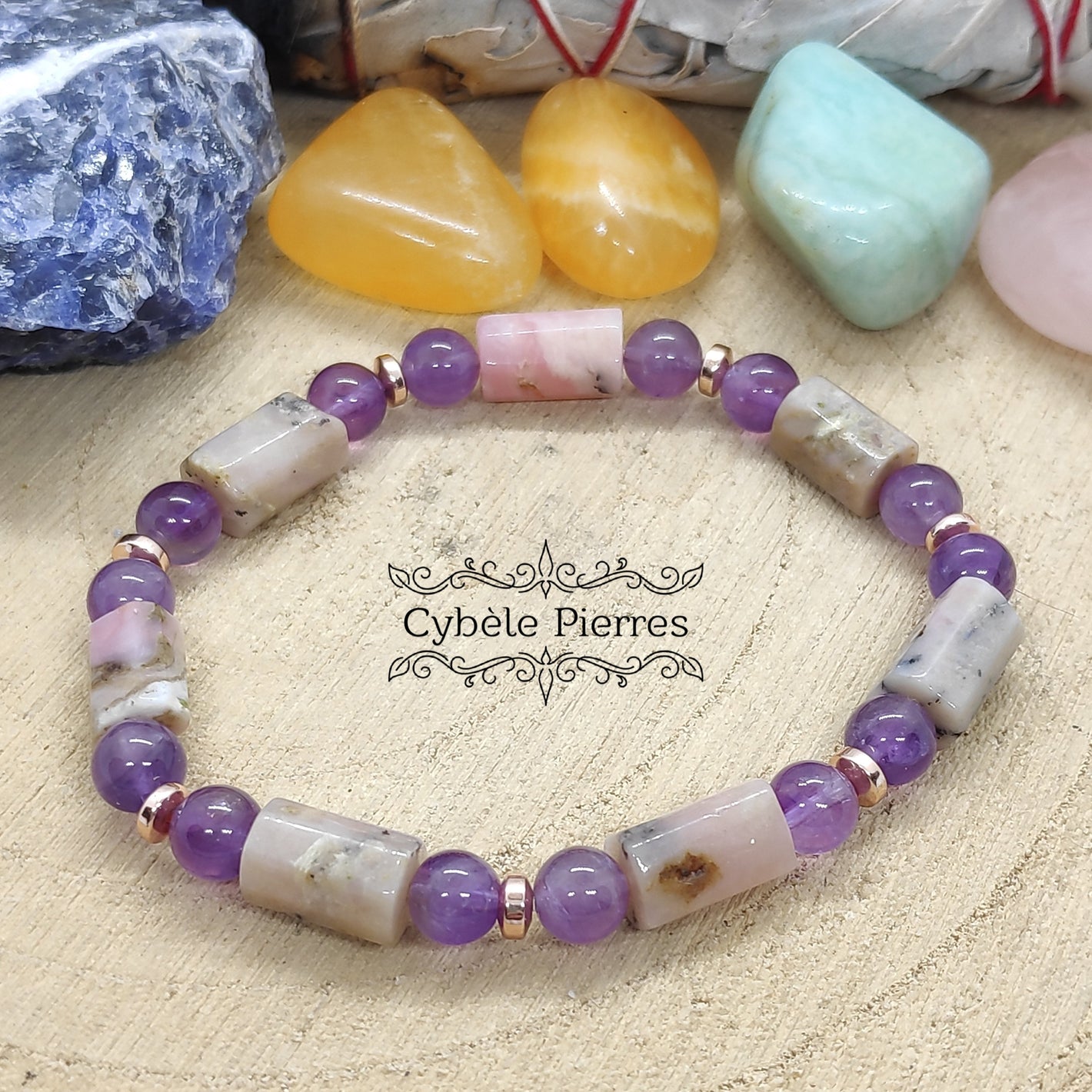 Bracelet Tendresse et Esprit- Opale rose et Améthyste (6 et 10mm)- 17cm